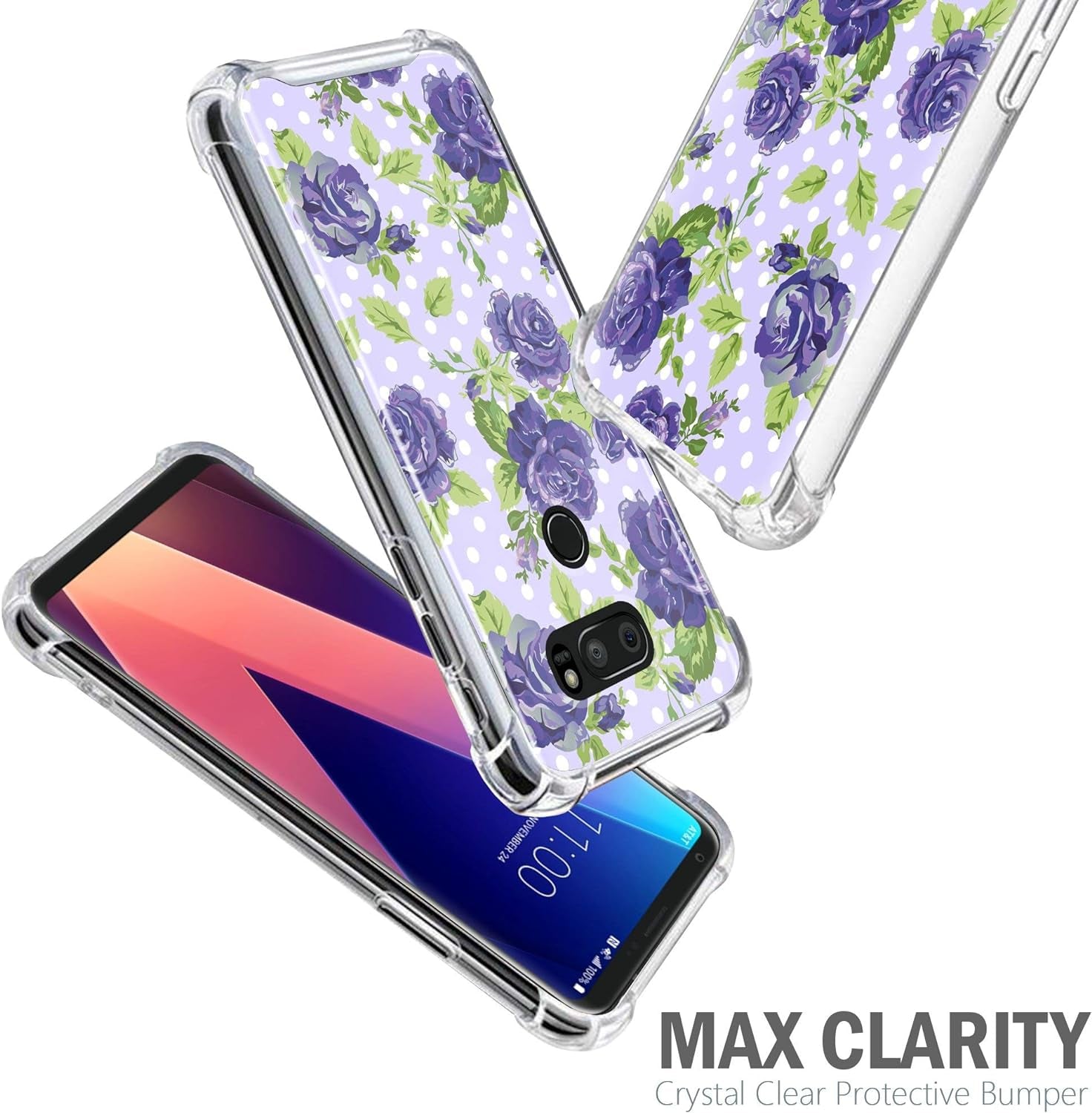 Casesondeck Slim Case Compatible with [LG V30S Thinq and LG V30] Transparent Hard Plastic Plate Soft TPU Guard Bumper (Purple Flowers)  CasesonDeck   