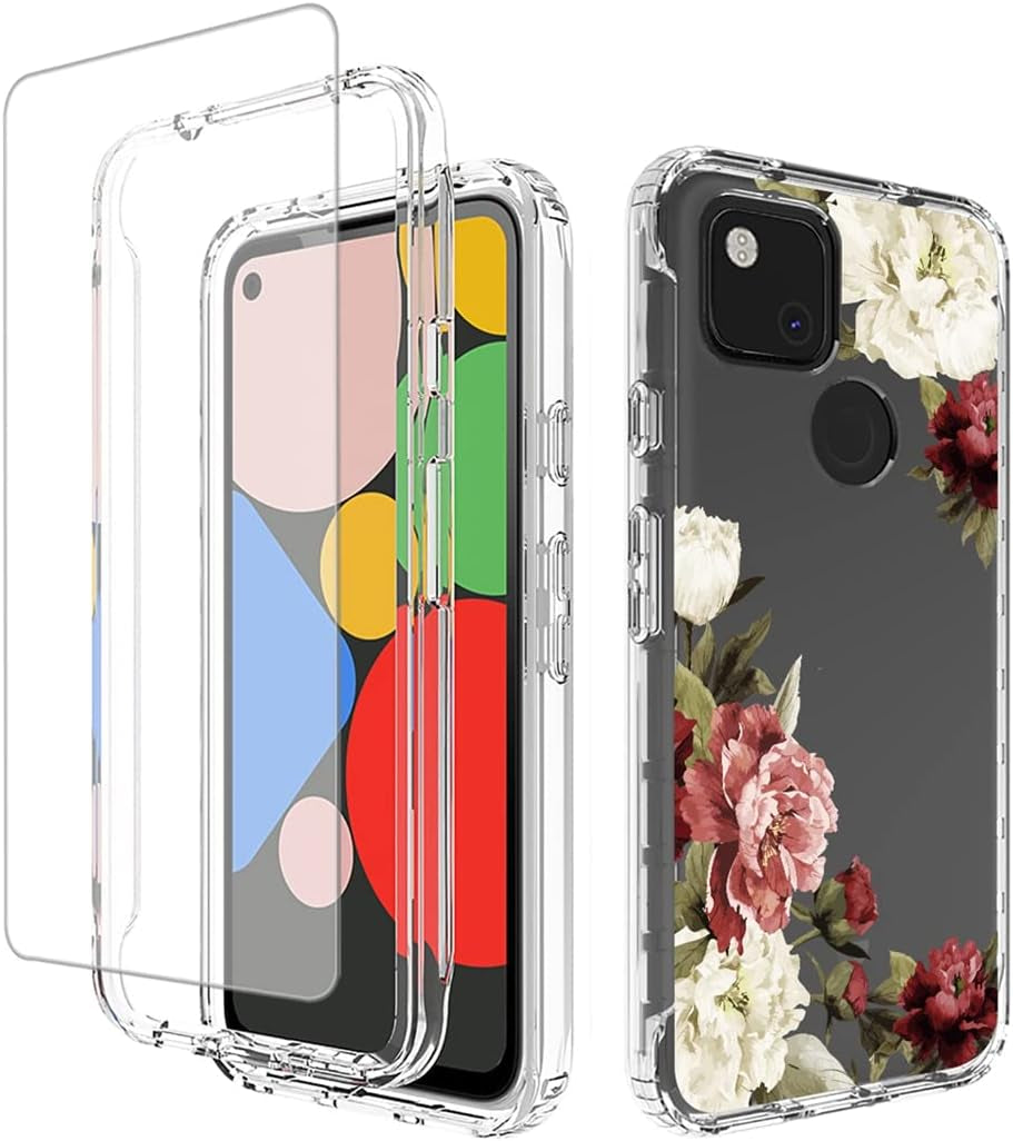 Yodueiv for Google Pixel 4A (Not Fit Pixel 4A 5G) G025J, GA02099 Case with Tempered Glass Screen Protector, Full-Body Cute Clear Floral Pattern Protective Phone Cover Case for Google Pixel 4A (Flower)  Yodueiv   