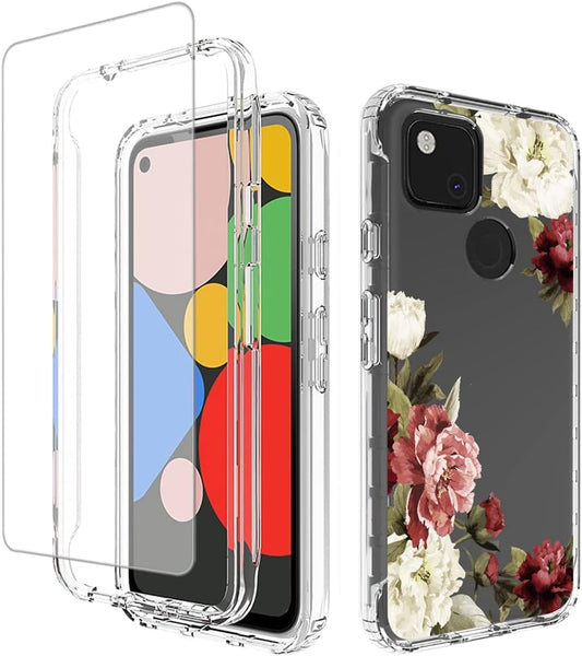 Yodueiv for Google Pixel 4A (Not Fit Pixel 4A 5G) G025J, GA02099 Case with Tempered Glass Screen Protector, Full-Body Cute Clear Floral Pattern Protective Phone Cover Case for Google Pixel 4A (Flower)  Yodueiv   