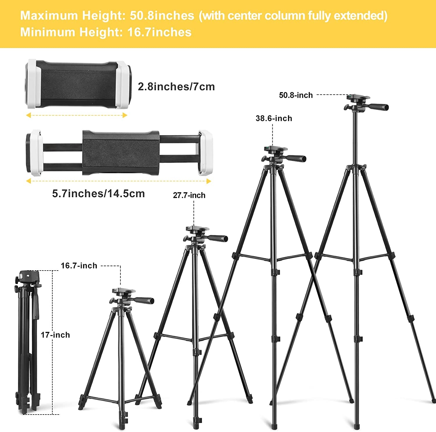 Torjim Phone Tripod, 50-Inch Extendable and Lightweight Aluminum Tripod Stand with Phone Clip, Portable Travel Tripod for Photography, Video Recording, Vlogging, and More  Torjim   