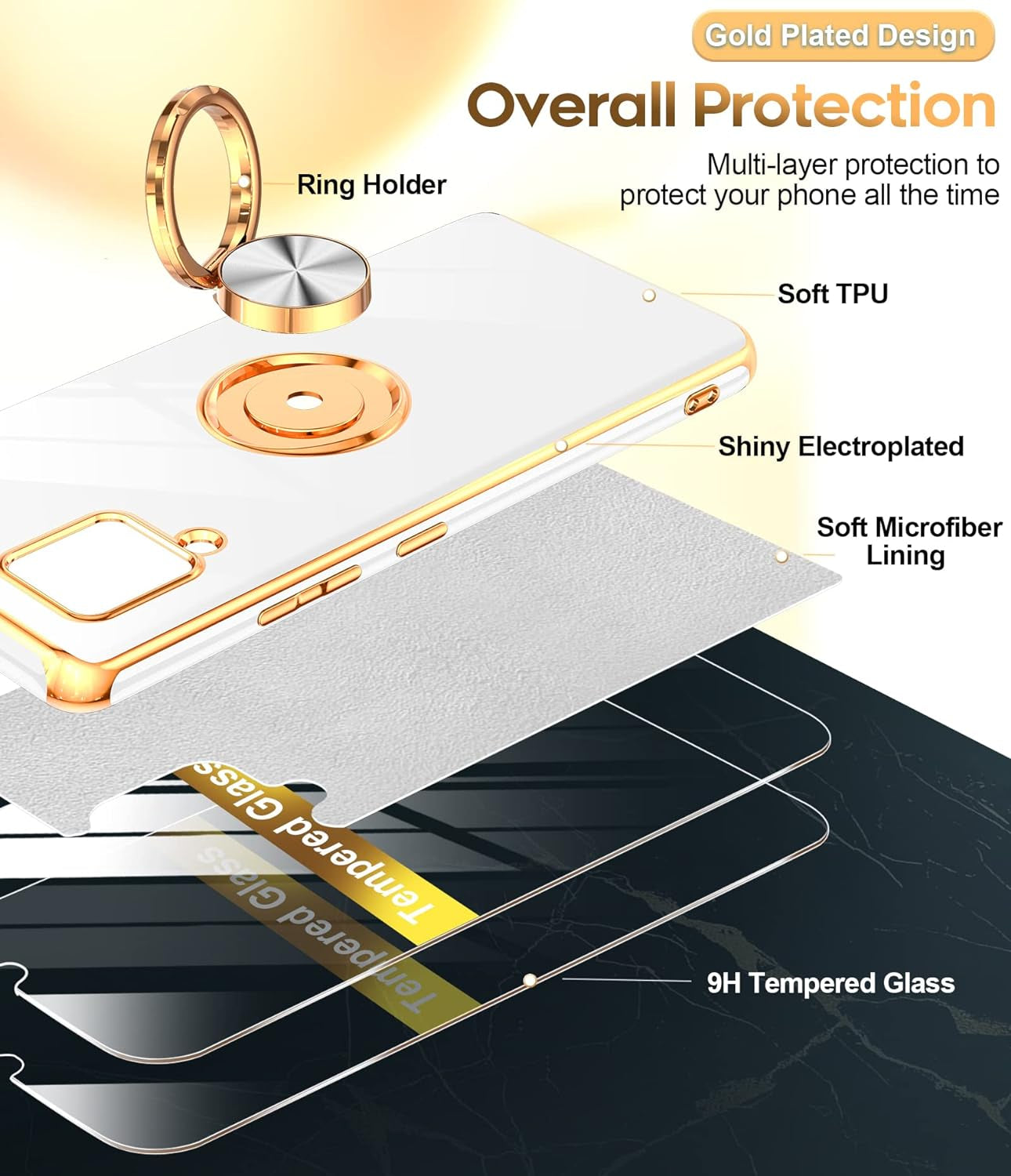 Leyi for Samsung Galaxy A42 5G Case with Tempered Glass Screen Protector [2 Pack] 360° Rotatable Ring Holder Magnetic Kickstand, Plating Rose Gold Edge Protective Case, White  LeYi   