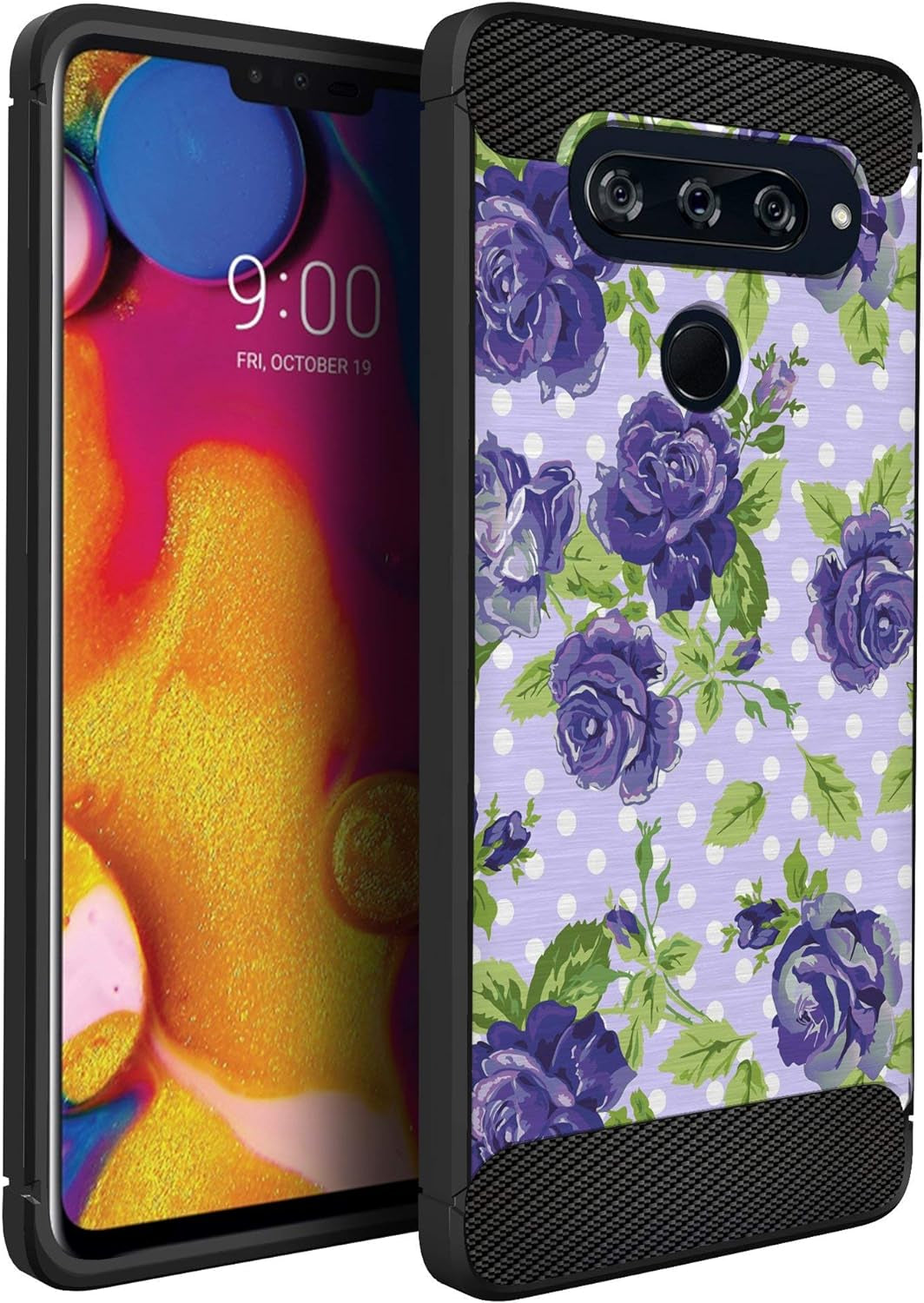 Casesondeck Case Compatible with [LG V40 Thinq] Soft TPU Bumper Cover Carbon Fiber Texture Flexible (Flowers)  CasesonDeck Purple Flowers  