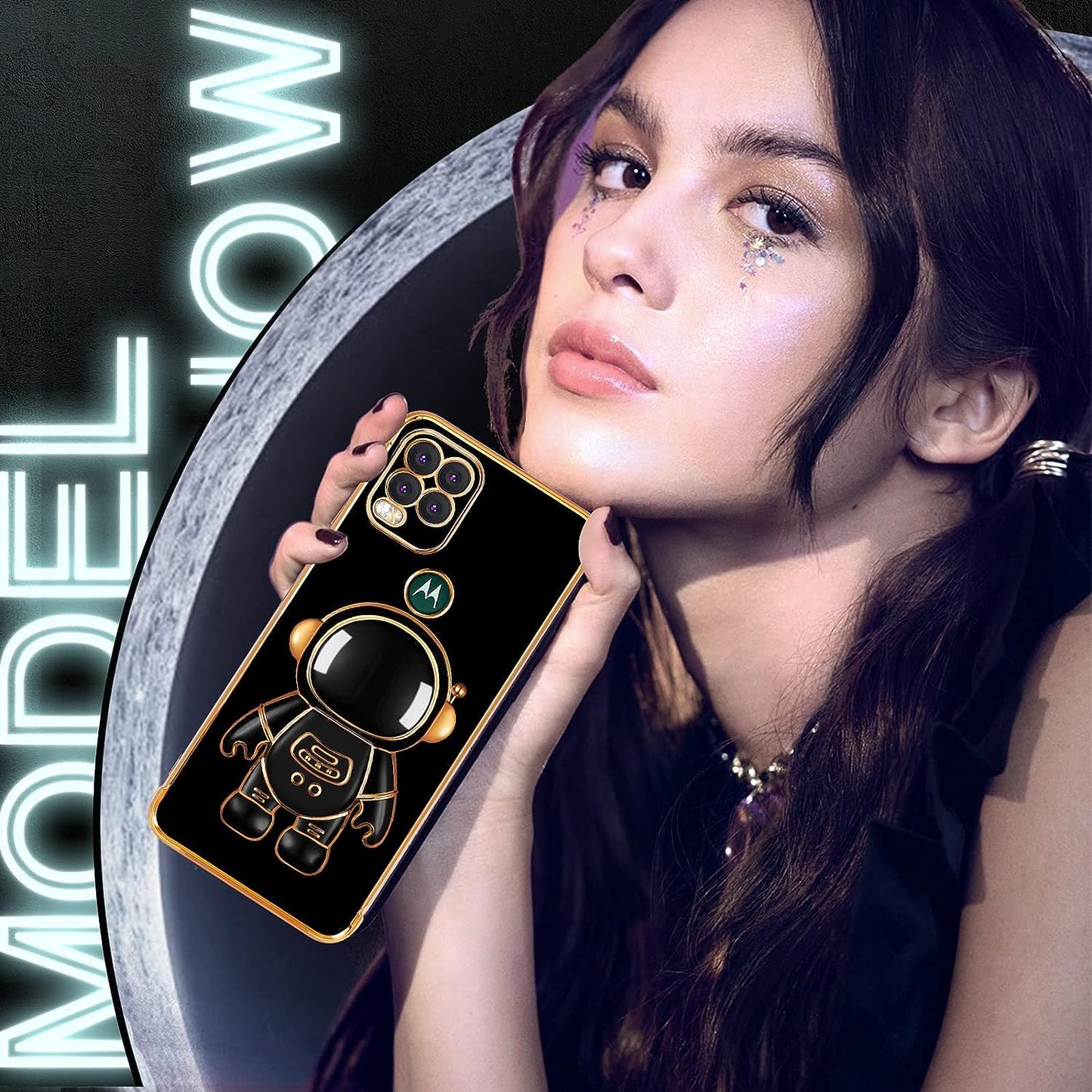 Buleens for Motorola Moto G Stylus 5G Case, Cute Heart Pattern 6D Gold Plating Astronaut Hidden Stand Phone Cases for Moto G Stylus 5G 2021 6.8 Inch-Black  Buleens   