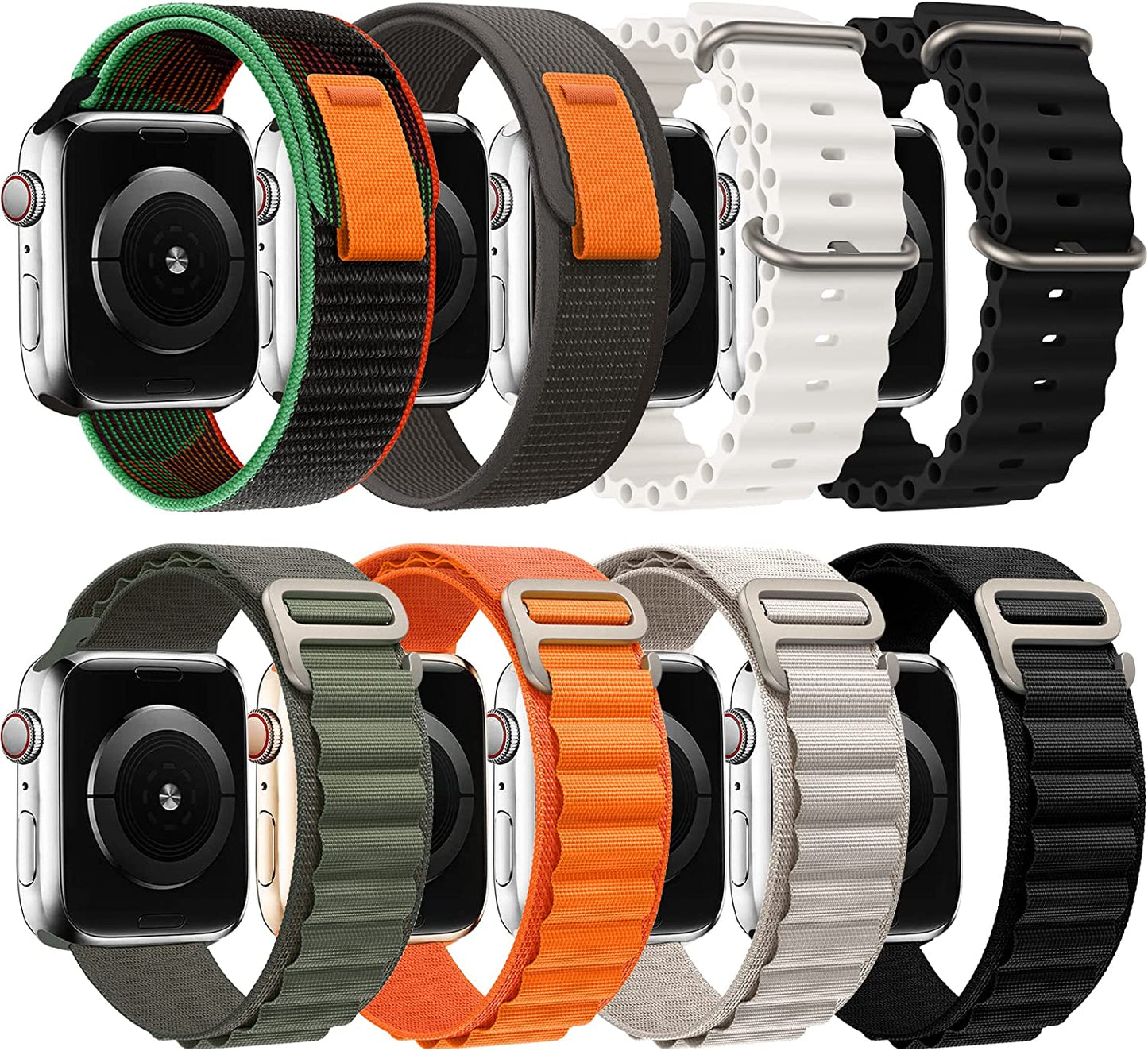 8 Pack Bands - Alpine Loop+Trail Loop+Ocean Band Compatible with Apple Watch Band 49Mm 45Mm 44Mm 42Mm for Men Women, Adjustable Sport Strap for Iwatch Ultra Series 8/7/6/5/4/3/2/1/SE  GDKBAND Black/Orange/Starlight/Green/Black/Black Unity/Black/White 42/44/45/49mm 