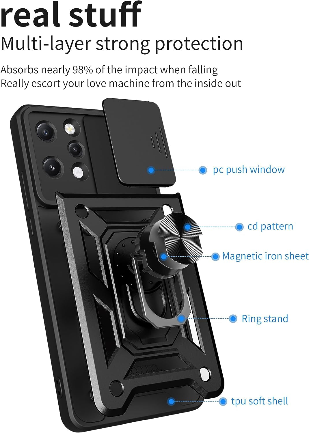 ZMONE Phone Case for Xiaomi Redmi 12 4G Case with Glass Screen Protector, [2 Pack] Built Slide Camera Protection Cover,Military Heavy Duty Full Body Protective Phone Case - Black  Chengmi   