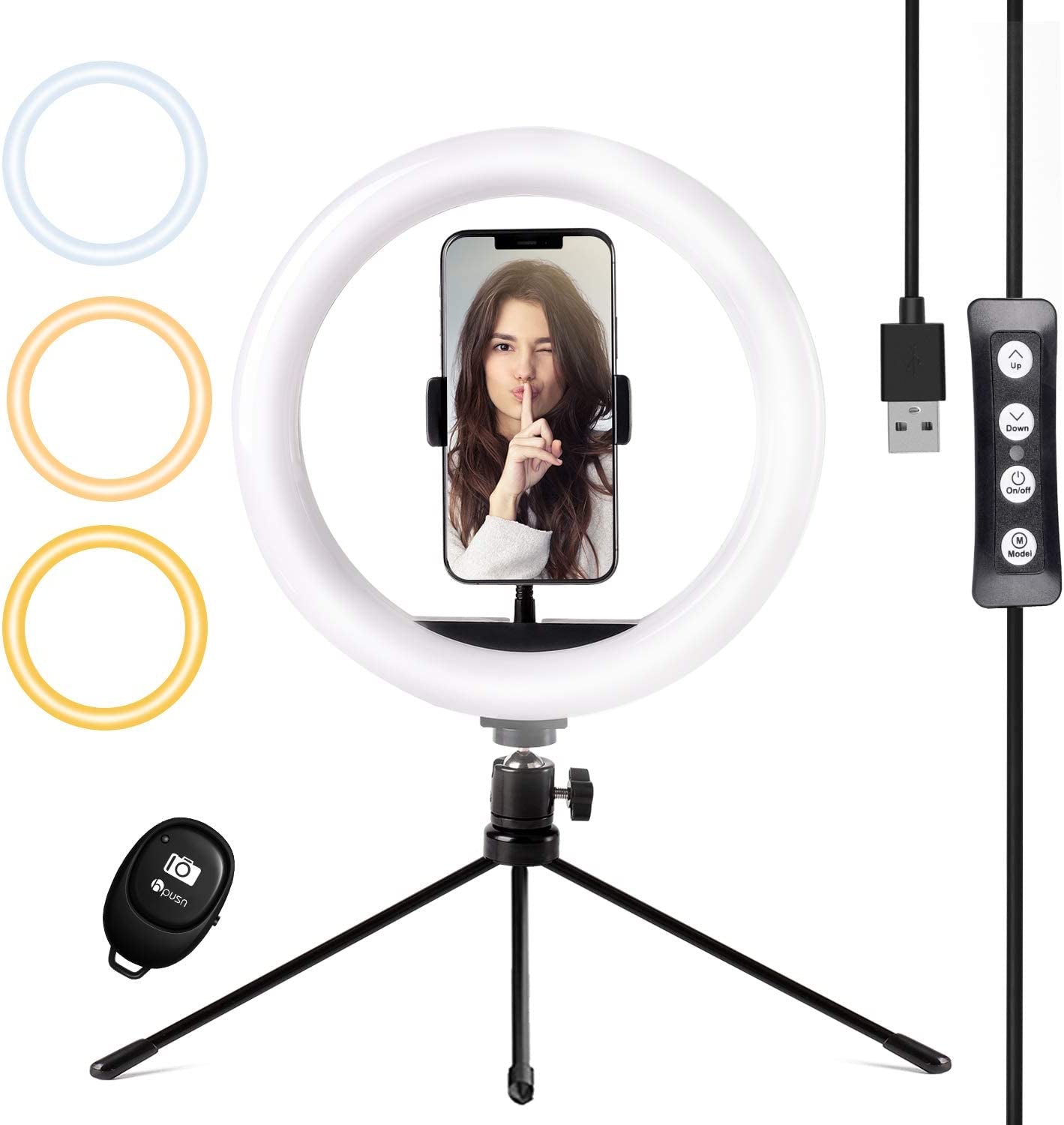 HPUSN 10" Desktop Selfie Ring Light with Tripod Stand & Phone Holder, Dimmable Desk LED Makeup Ring Light for Photography, Shooting with 3 Light Modes,Compatible with Iphone & Android  HPUSN   