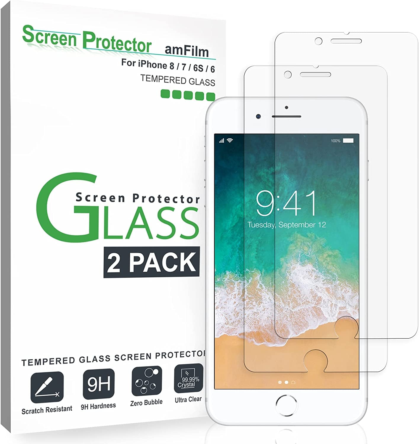 Amfilm Screen Protector 4.7“ for Apple Iphone 8, Iphone 7, Iphone 6S and Iphone 6, Tempered Glass 4.7“, 2 Pack  TechMatte   