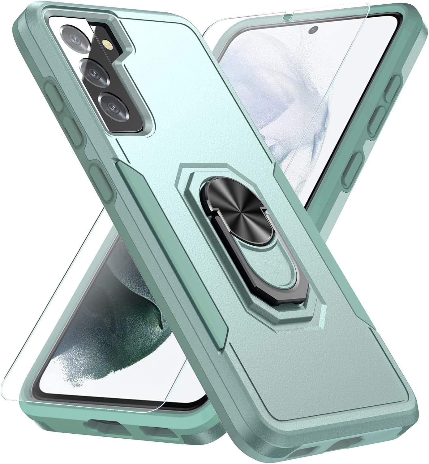 KSELF Galaxy S21 5G Case with Tempered Glass, Shockproof Military-Grade Phone Cover & Ring Kickstand, 6.2" (Pink)  KSELF Green  