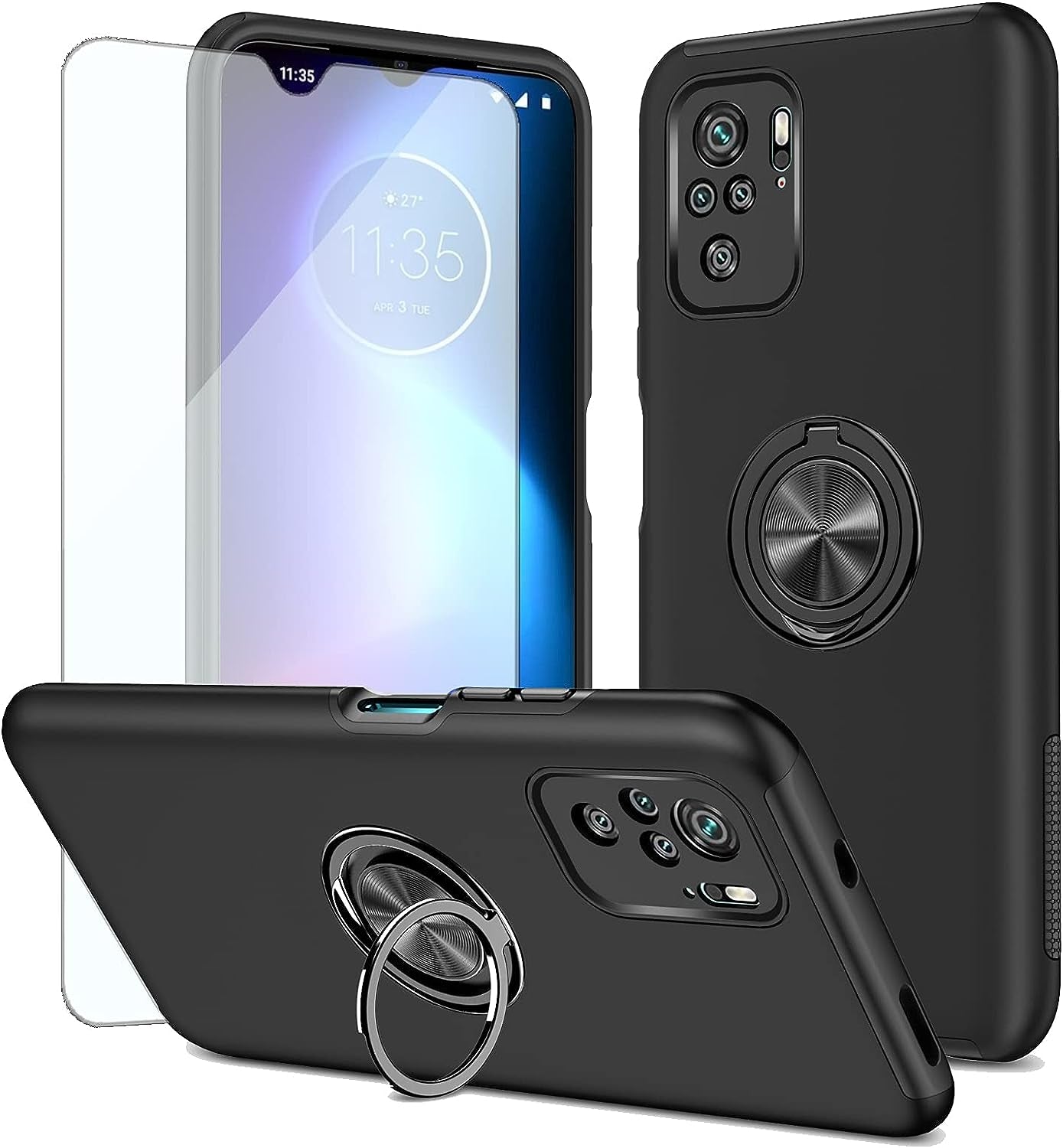 Asuwish Compatible with Xiaomi Redmi Note 10/10S 4G Case and Tempered Glass Screen Protector Cover Slim Magnetic Ring Holder Cell Accessories Phone Cases for Redme Note10 S Note10S Women Men Red  Asuwish Black For Redmi Note 10 (4G) / 10S 