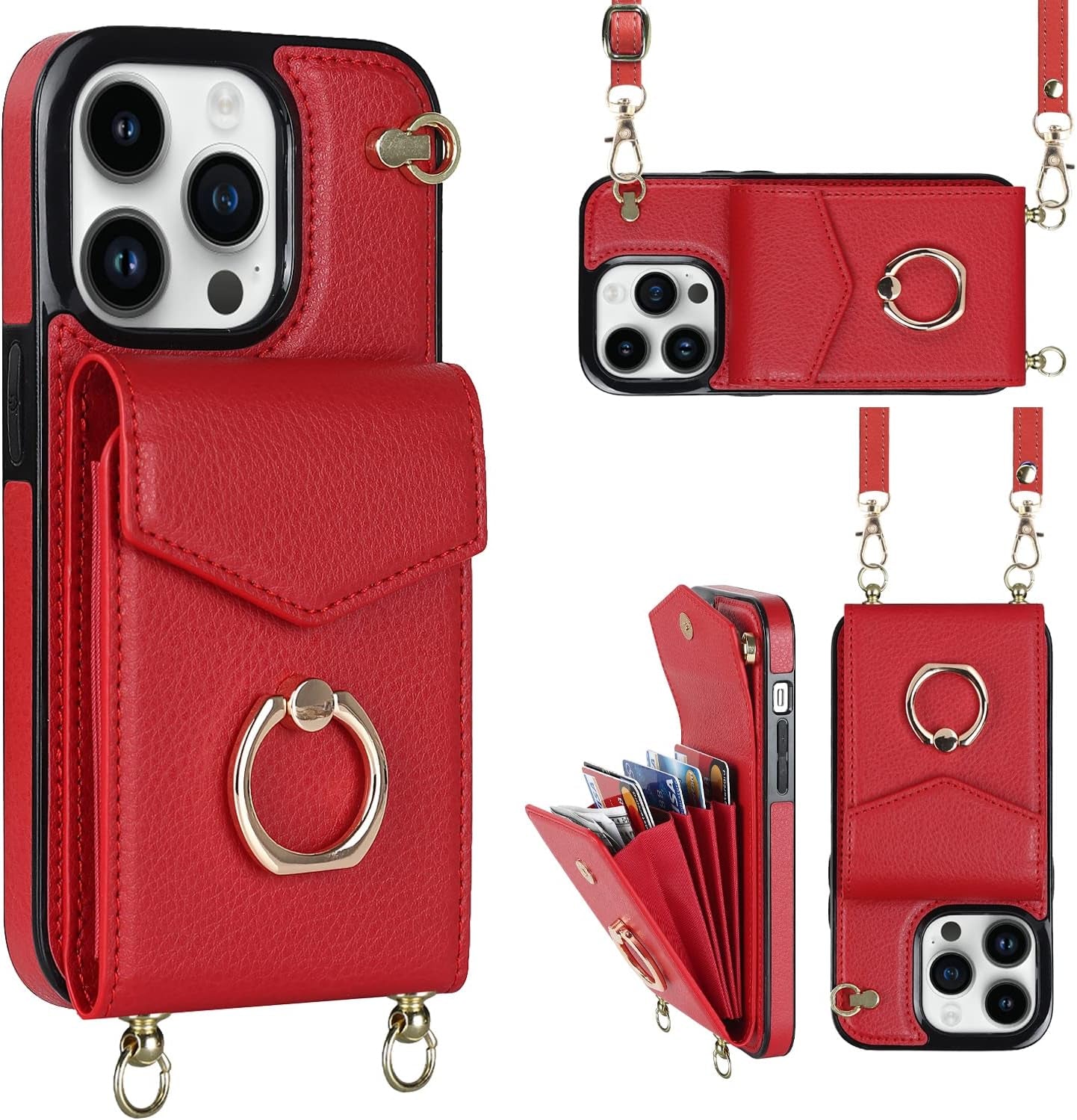 YYTVN for Iphone 12/Iphone 12 Pro Case 6.1 Inch, Minimalist Wallet Case with Ring Kickstand and Shoulder Strap, Shockproof Stylish Protective Cover for Iphone 12/Iphone 12 Pro -Red  YYKeji Red Iphone 12 Pro Max 
