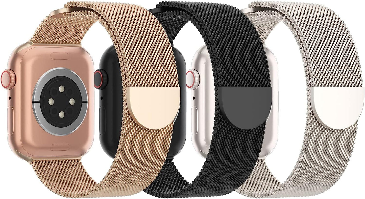 STEEZRD 3 Pack Mesh Metal Bands Compatible with Apple Watch Band 38Mm 40Mm 41Mm 42Mm 44Mm 45Mm 49Mm, Stainless Steel Magnetic Loop Strap Wristband for Iwatch Ultra Series 8/SE/7/6/5/4/3/2/1 Men Women  STEEZRD D-Champagne Gold/Black/Starlight 42/44/45/49mm 