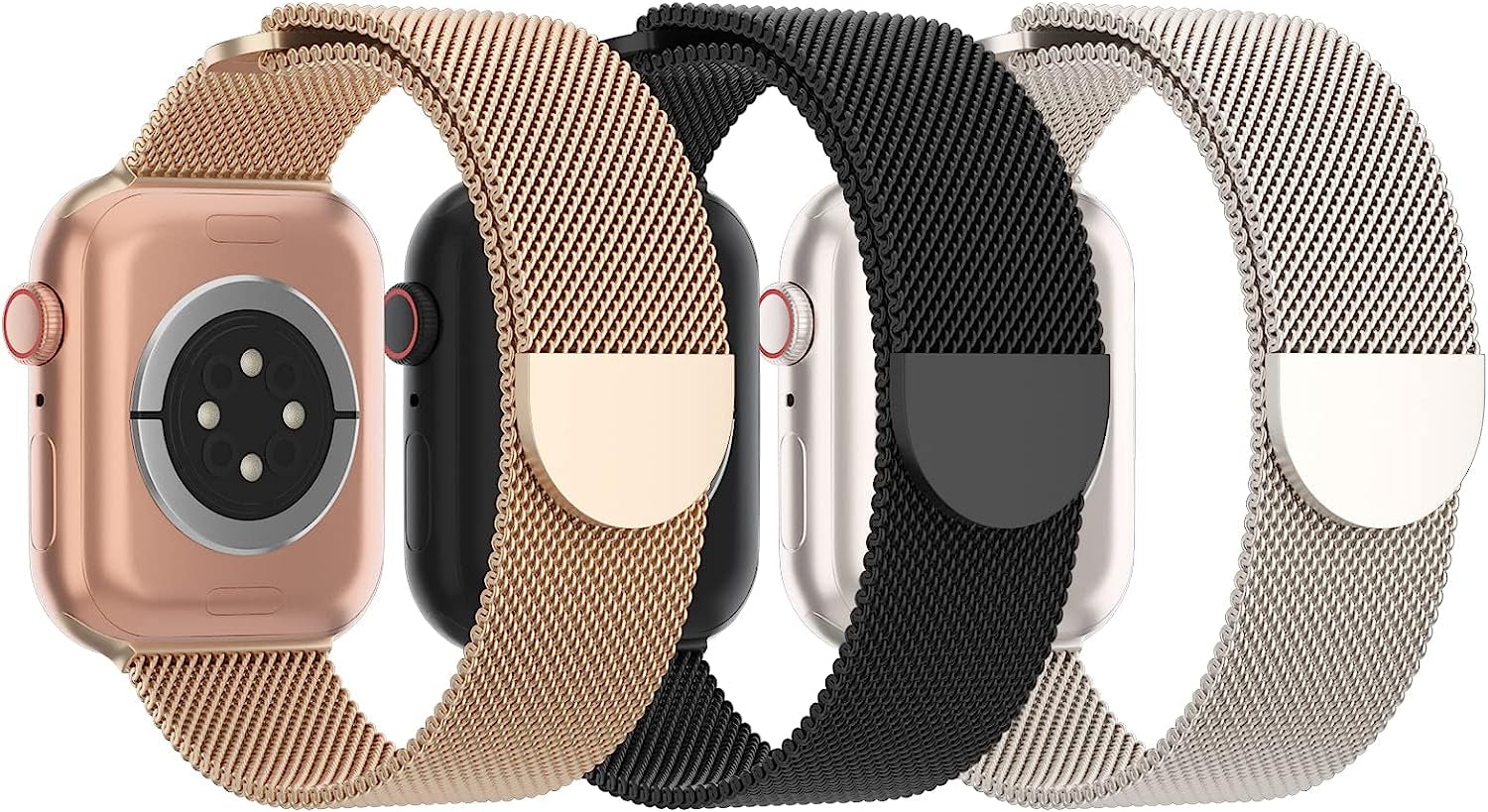 STEEZRD 3 Pack Mesh Metal Bands Compatible with Apple Watch Band 38Mm 40Mm 41Mm 42Mm 44Mm 45Mm 49Mm, Stainless Steel Magnetic Loop Strap Wristband for Iwatch Ultra Series 8/SE/7/6/5/4/3/2/1 Men Women  STEEZRD D-Champagne Gold/Black/Starlight 42/44/45/49mm 