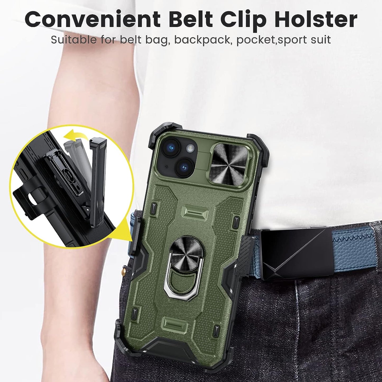 Caka for Iphone 14 plus Case with Belt-Clip Holster, Case for Iphone 14 plus with Slide Protective Camera Cover Built-In 360° Rotate Stand, Iphone 14 plus Phone Case 6.7 Inch -Green  Caka   