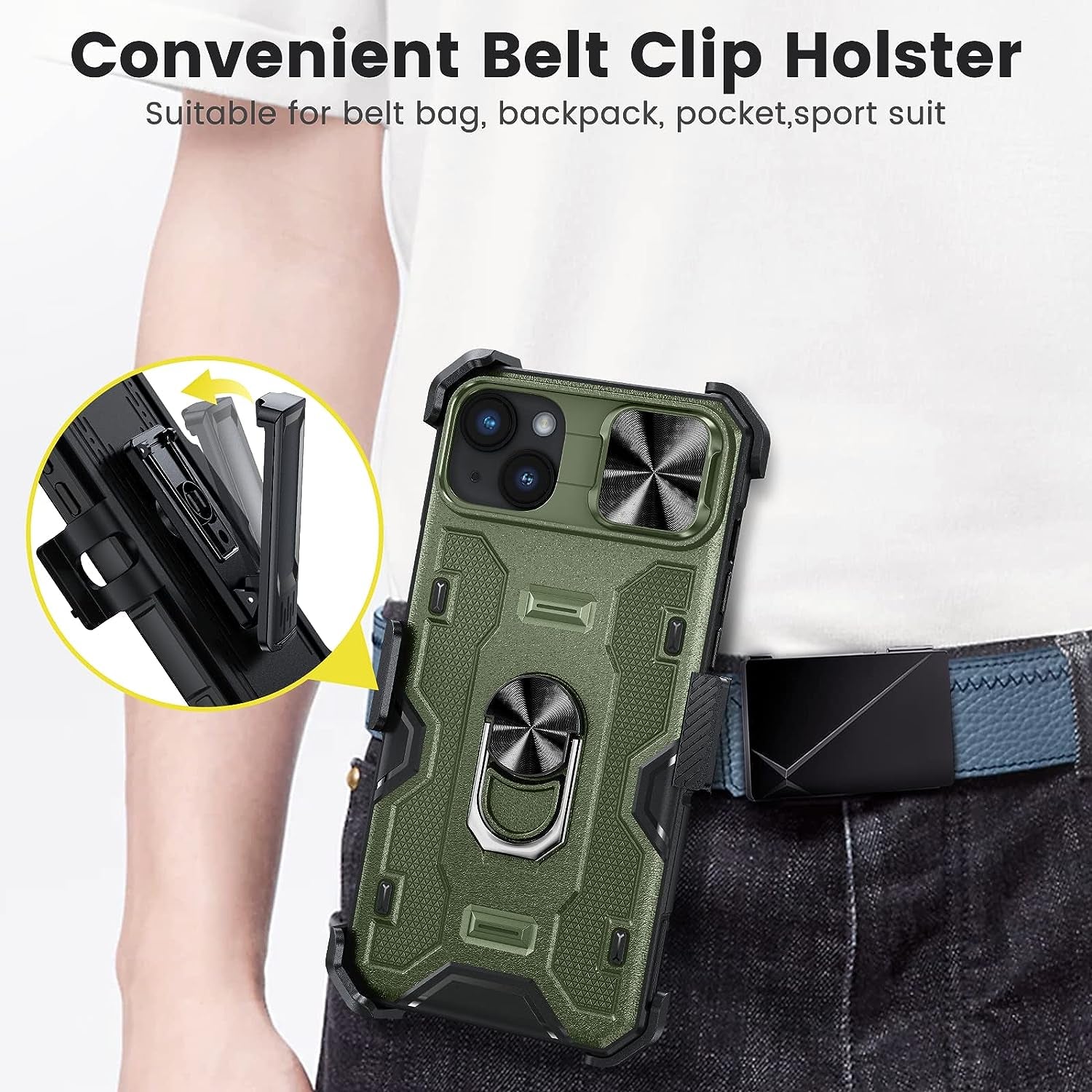 Caka for Iphone 14 plus Case with Belt-Clip Holster, Case for Iphone 14 plus with Slide Protective Camera Cover Built-In 360° Rotate Stand, Iphone 14 plus Phone Case 6.7 Inch -Green  Caka   