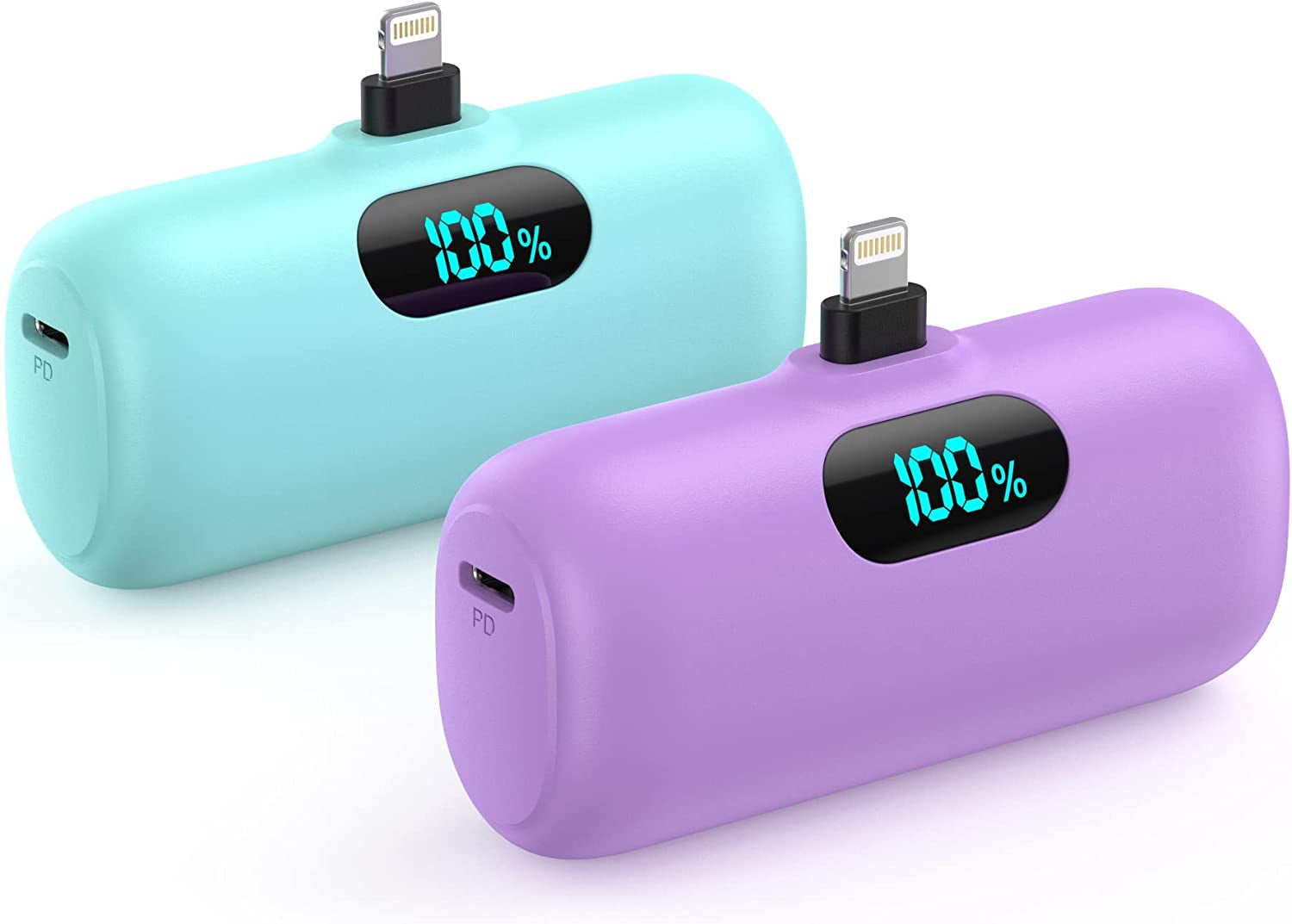 [2 Pack]Mini Portable Charger 5000Mah,Ultra-Compact 15W PD Fast Charging Power Bank,Lcd Display Cute Battery Pack Backup Charger Compatible with Iphone 14/14 Pro Max/13/13 Pro/12/Xr/8/7/6-Black+White  Dongguan Yuanhaoxun Technology Co., Ltd Green+Purple  