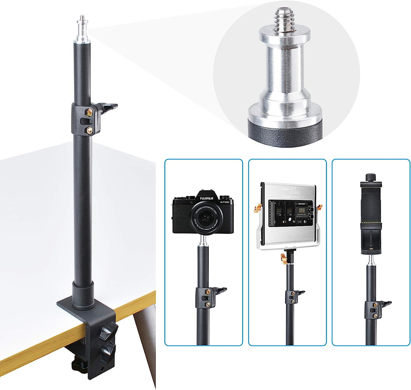 Tabletop Light Stand, Riqiorod Adjustable Desk Mount Stand with 1/4Inch Screw for Selfie LED Ring Light/Led Panel, Desktop Light Stand for Make Up, Selfie, Microphone, Youtube, Live Show  Riqiorod   