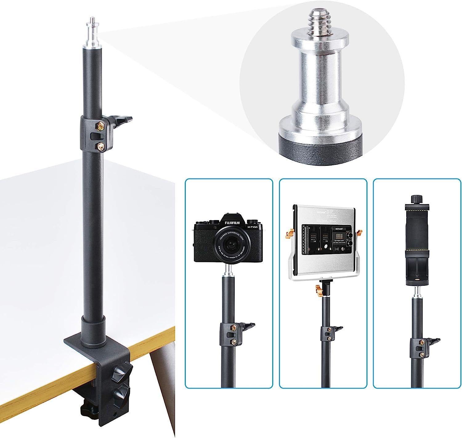 Tabletop Light Stand, Riqiorod Adjustable Desk Mount Stand with 1/4Inch Screw for Selfie LED Ring Light/Led Panel, Desktop Light Stand for Make Up, Selfie, Microphone, Youtube, Live Show  Riqiorod   