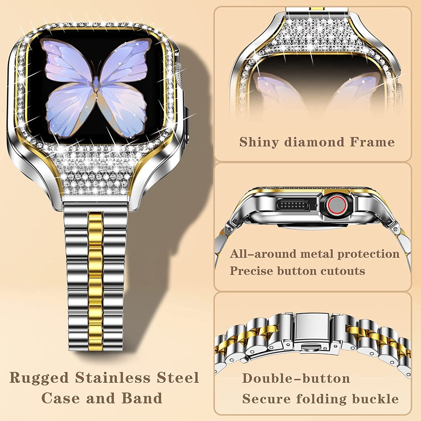 Miohhr Metal Case with Band Compatible with Apple Watch Band Series 8 7(41Mm),Series 6/5/4 (40Mm),Series 3/2/1 (38Mm),Slim Stainless Steel Strap with Bling Diamond Protective Bumper Cover for Iwatch Bands Women  MioHHR   