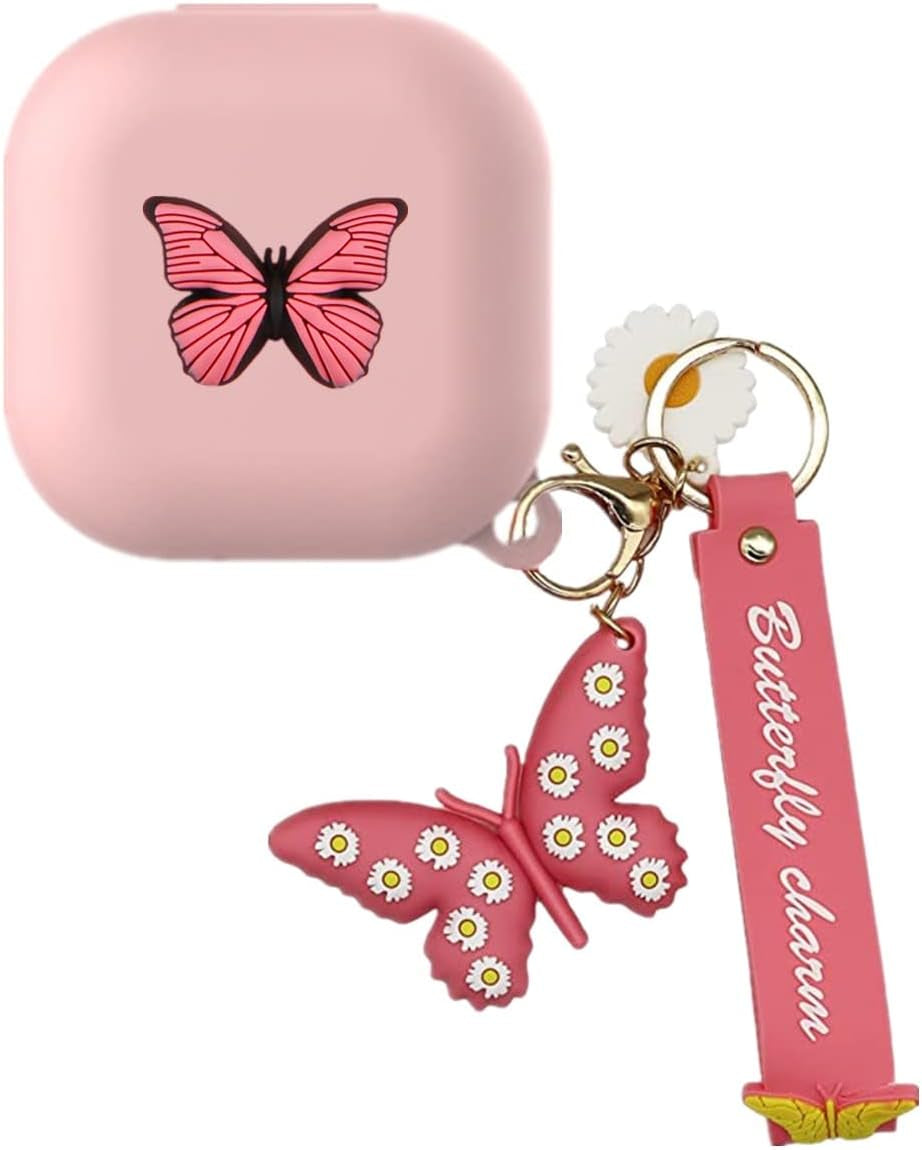 Silicone Case Compatible with Samsung Galaxy Buds 2 Case (2021) / Galaxy Buds Pro Case (2021) / Galaxy Buds Live Case (2020) with Butterfly Keychain Kit Case Gift for Women Girl Kids Teens (Purple)  XBAbikhonsr-02 Pink  