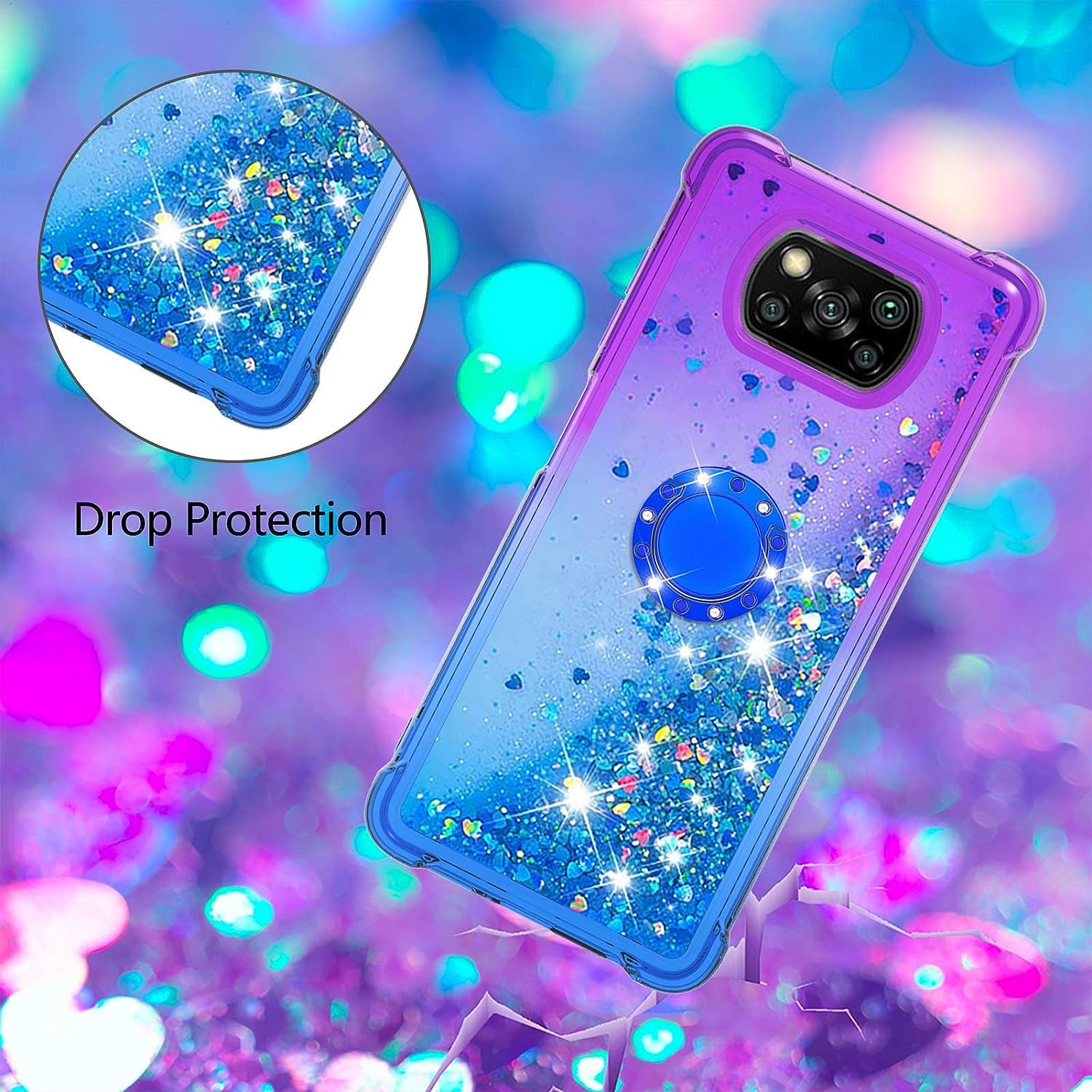 Monwutong Phone Case for Xiaomi Poco X3 NFC, Case for Xiaomi Poco X3 Pro, Shiny Bling Quicksand Effect TPU Bumper Case with Four Corners Protection Cover for Xiaomi Poco X3 NFC/X3 Pro, Purple Blue  Monwutong   