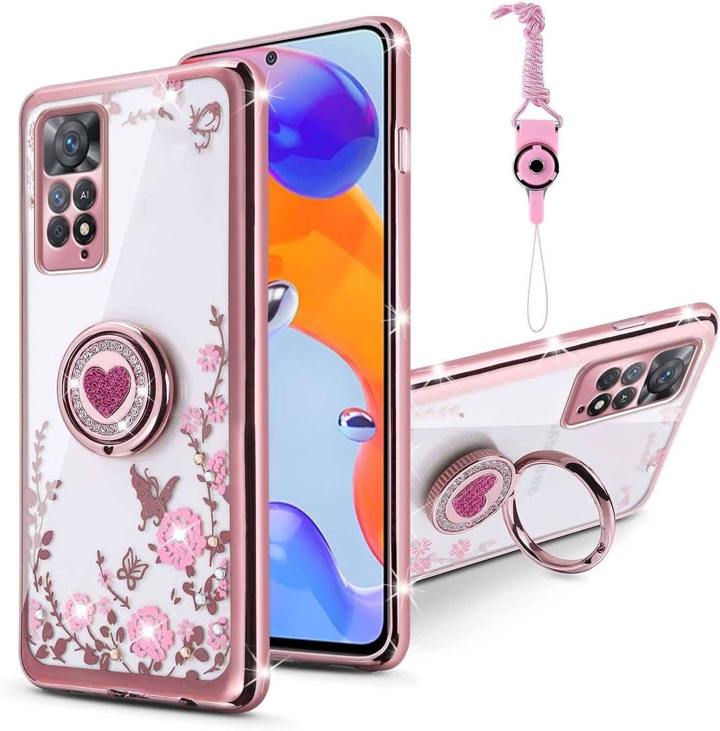 TSAYGFK for Xiaomi Redmi Note 11 Pro 5G Case for Women Glitter Crystal Soft Stylish Clear TPU Luxury Bling Cute Protective Cover with Kickstand Strap for Redmi Note 11 Pro 5G/4G (Glitter Rose)  TSAYGFK Rose Gold  