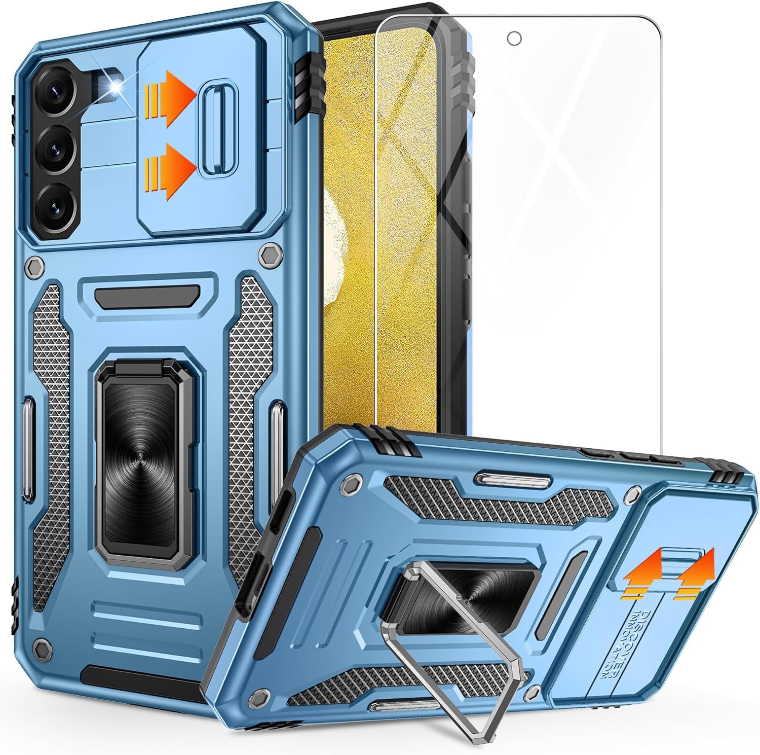 Galaxy S22 Case，S22 Case with Slide Camera Cover and Screen Protector, Shockproof Samsung S22 Galaxy Case with 360° Magnetic Ring Holder Kickstand Phone Case for Samsung S22 Black  Gritup Light Blue  