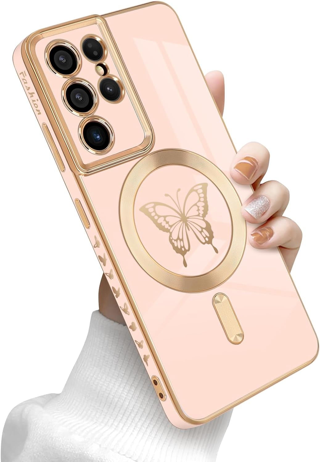 Newseego for Samsung Galaxy S21 Ultra 5G Magnetic Case, Cute Butterfly Plating Edge Case with Magsafe for Women Girls Men Soft TPU Bumper Shockproof Protective Cover for Samsung Galaxy S21 Ultra-Pink  Newseego   