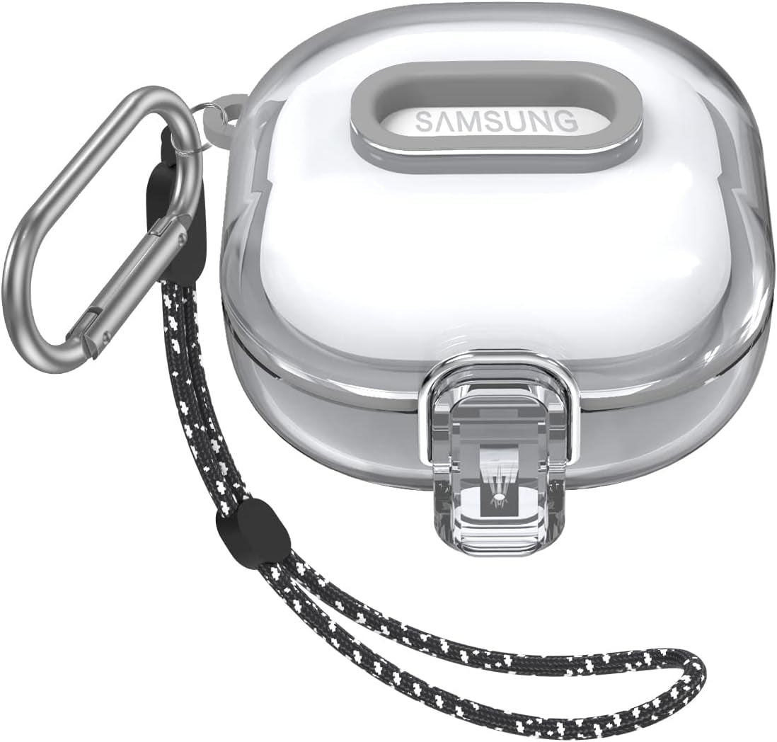 [Upgrade Lock] Case for Samsung Galaxy Buds 2 Pro/Galaxy Buds 2/Galaxy Buds Pro/Galaxy Buds Live, Shock-Absorbing Protective Armor Cover TPU Hard Shell with Carabiner & Lanyard,Clear  VAEKNVG   