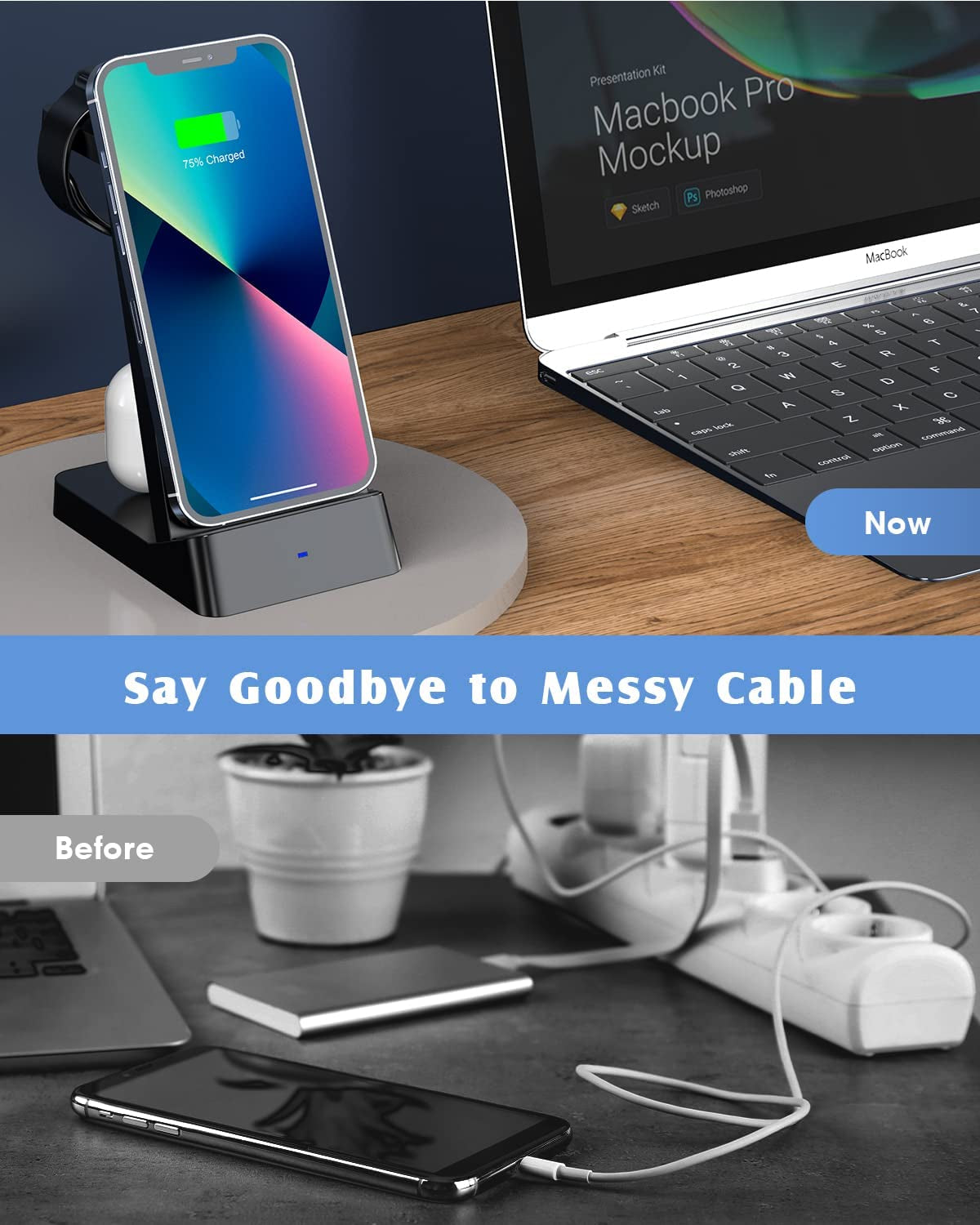 Wireless Charging Station,Cadefu Wireless Charger Compatible with Iphone 14 Pro Max/13/12/11/X/8 Plus, 3 in 1 Fast Charging Stand Dock for Airpods 1/2/Pro, Apple Watch Series(With Adapter)  CADEFU   