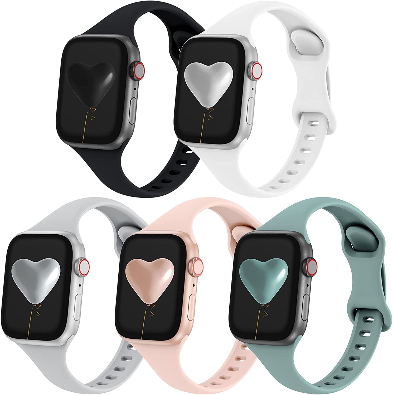 Qrose 5 Pack Bands Compatible with Apple Watch 38Mm 40Mm 41Mm 42Mm 44Mm 45Mm 49Mm, Slim Thin Narrow Replacement Silicone Sport Strap Wristbands for Iwatch Series Ultra 8/7/6/5/4/3/2/1 SE Women Men  QRose Black/White/Gray/Pink Sand/Cactus 38mm/40mm/41mm 
