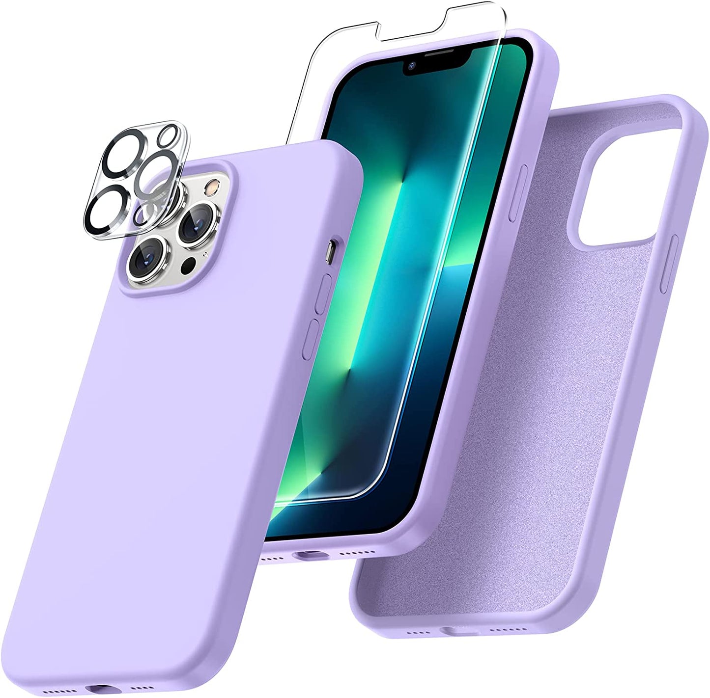 Uyiton [5 In1] Liquid Silicone Iphone 12 PRO Max Case, [Drop Protection] [Full Covered] Shockproof Slim Thin Cover with Microfiber Lining, with 2Xscreen Protector +2Xcamera Lens Protector-Green  Uyiton 13Pm-Purple Iphone 13 Pro Max 