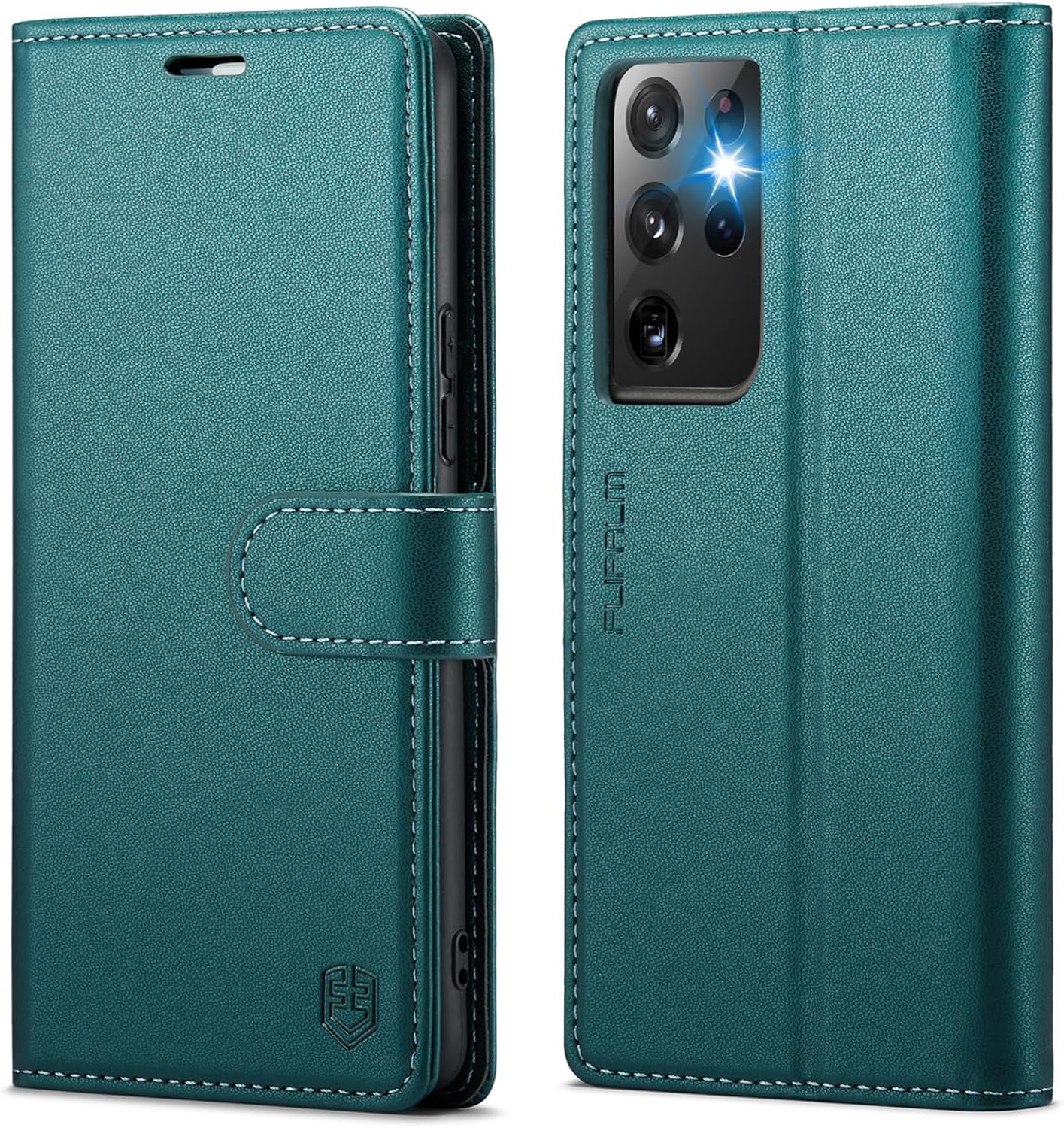 FLIPALM for Samsung Galaxy S21 Ultra Wallet Case with RFID Blocking Credit Card Holder, PU Leather Folio Flip Kickstand Protective Shockproof Cover Women Men for Samsung S21 Ultra Phone Case(Black)  FLIPALM Blue-Green  