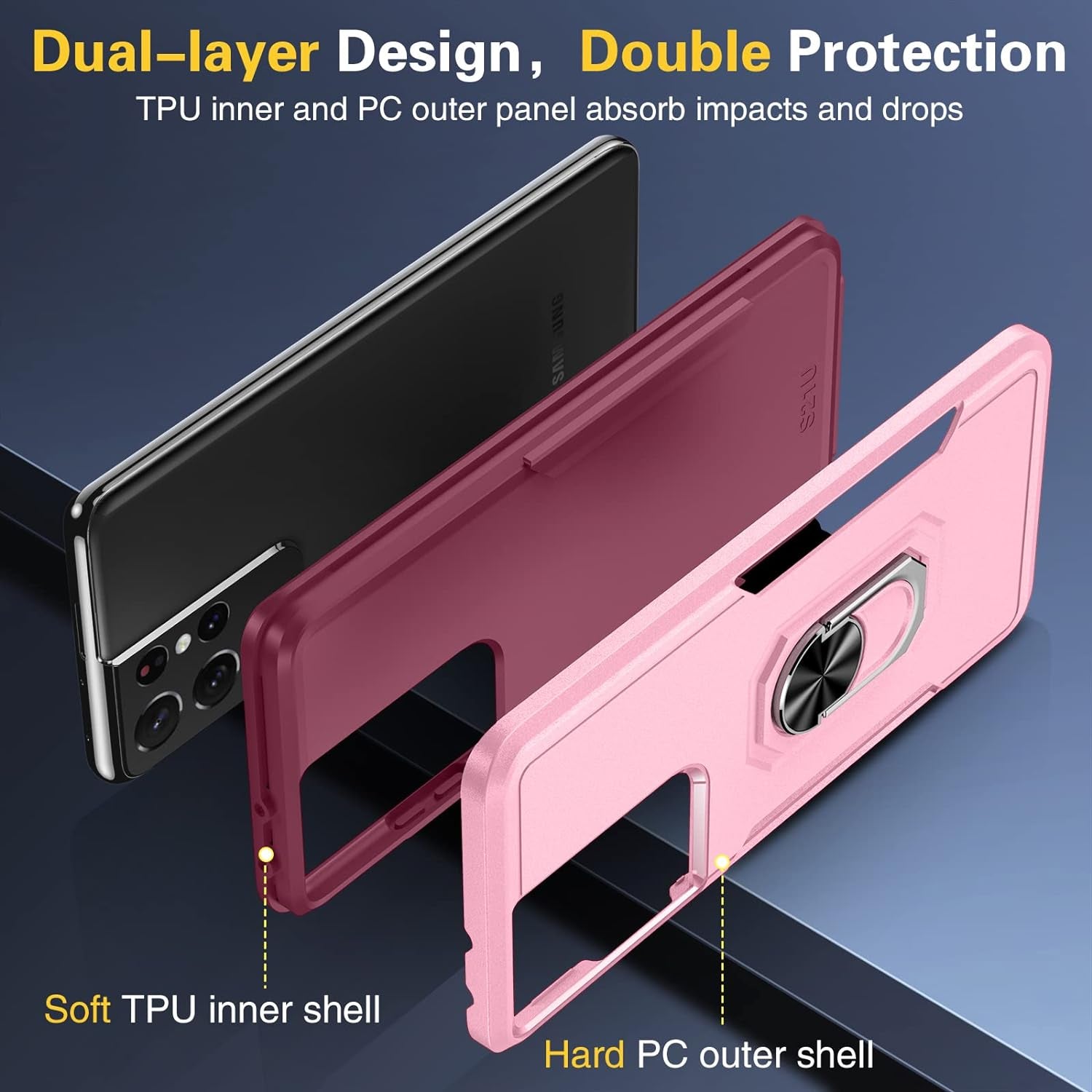 Oterkin for S21 Ultra Case 5G,Samsung Galaxy S21 Ultra Case with [2 X 9H Lens Protectors][Adjustable Ring Kickstand] Shockproof Anti-Scratch Heavy Duty Phone Case for Galaxy S21 Ultra (Pink)  Oterkin   