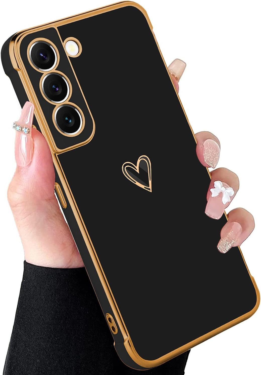 MZELQ Compatible with Samsung Galaxy S22+ plus Case for Women Cute Luxury Gold Heart Pattern Design Full Camera Protection & Soft TPU Shockproof Protective Plating Edge Phone Case,Light Blue  MZELQ Black  