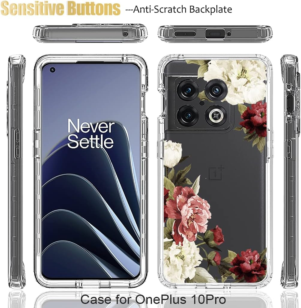 Yodueiv for Oneplus 10 Pro NE2210 Case with Tempered Glass Screen Protector, Full-Body Cute Clear Floral Pattern Protective Phone Cover Case for Oneplus 10 Pro (Flower)  Yodueiv   