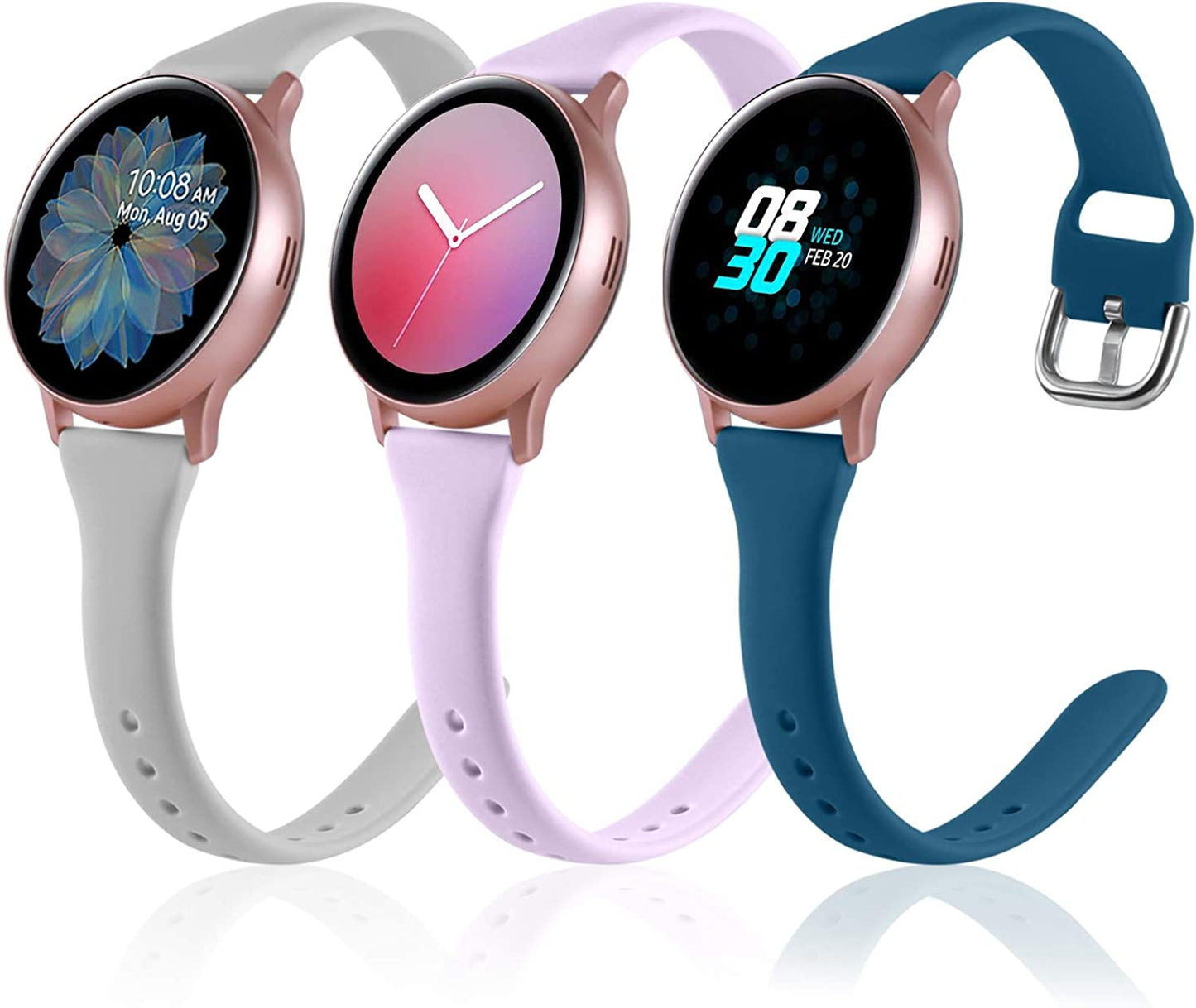 Vcegari (3 Pack) Band Compatible with Samsung Active 2 Watch 40Mm 44Mm, Galaxy Watch 3 41Mm/Galaxy Watch 42Mm/Gear S2 Classic/Gear Sport Bands, 20Mm Slim Silicone Sport Strap for Women Men  Vcegari Gray/Lavender/Slate Blue Small 