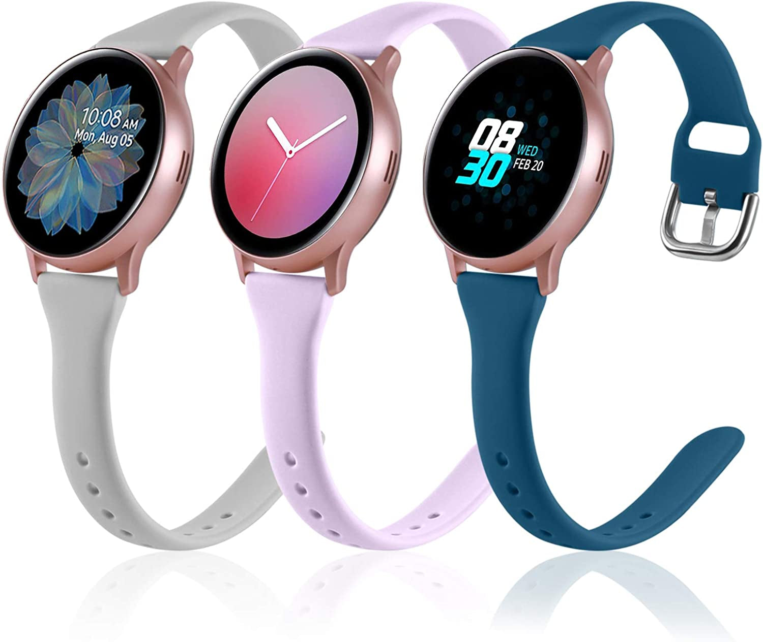 Vcegari (3 Pack) Band Compatible with Samsung Active 2 Watch 40Mm 44Mm, Galaxy Watch 3 41Mm/Galaxy Watch 42Mm/Gear S2 Classic/Gear Sport Bands, 20Mm Slim Silicone Sport Strap for Women Men  Vcegari Gray/Lavender/Slate Blue Small 