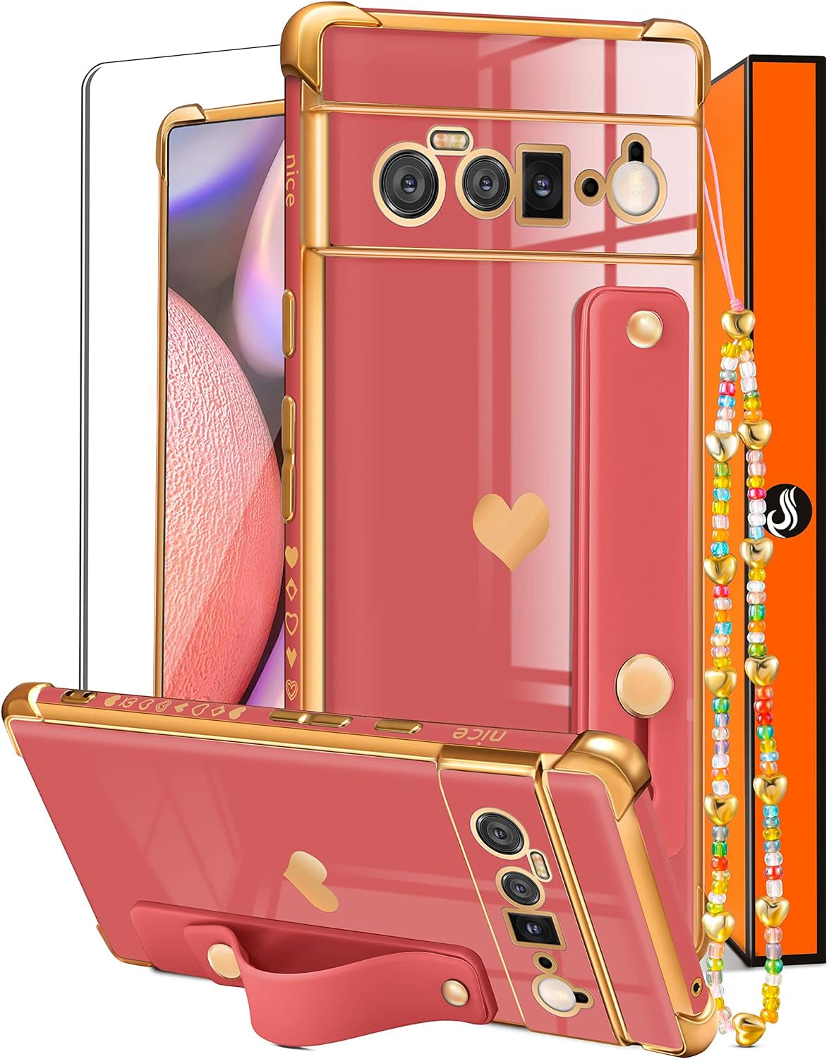 Likiyami (3In1 for Google Pixel 6 Pro Case 5G Heart for Women Girls Girly Cute Luxury Pretty with Stand Phone Cases Black and Gold Love Hearts Aesthetic Cover+Screen+Chain for Google Pixel 6 Pro 6.7"  Likiyami Only For Google Pixel 6 Pro 5G-Red  