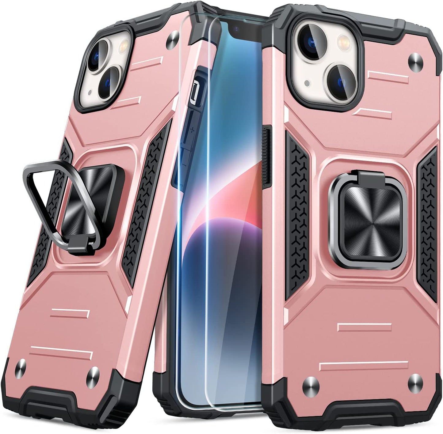 JAME for Iphone 14 Case with Screen Protector [2 PCS], Shockproof Bumper Case for Iphone 14 Case for Women & Men, Heavy-Duty Protection with Metal Ring Kickstand Case for Iphone 14, 6.1 Inch, Black  XJXIN Rose Gold  