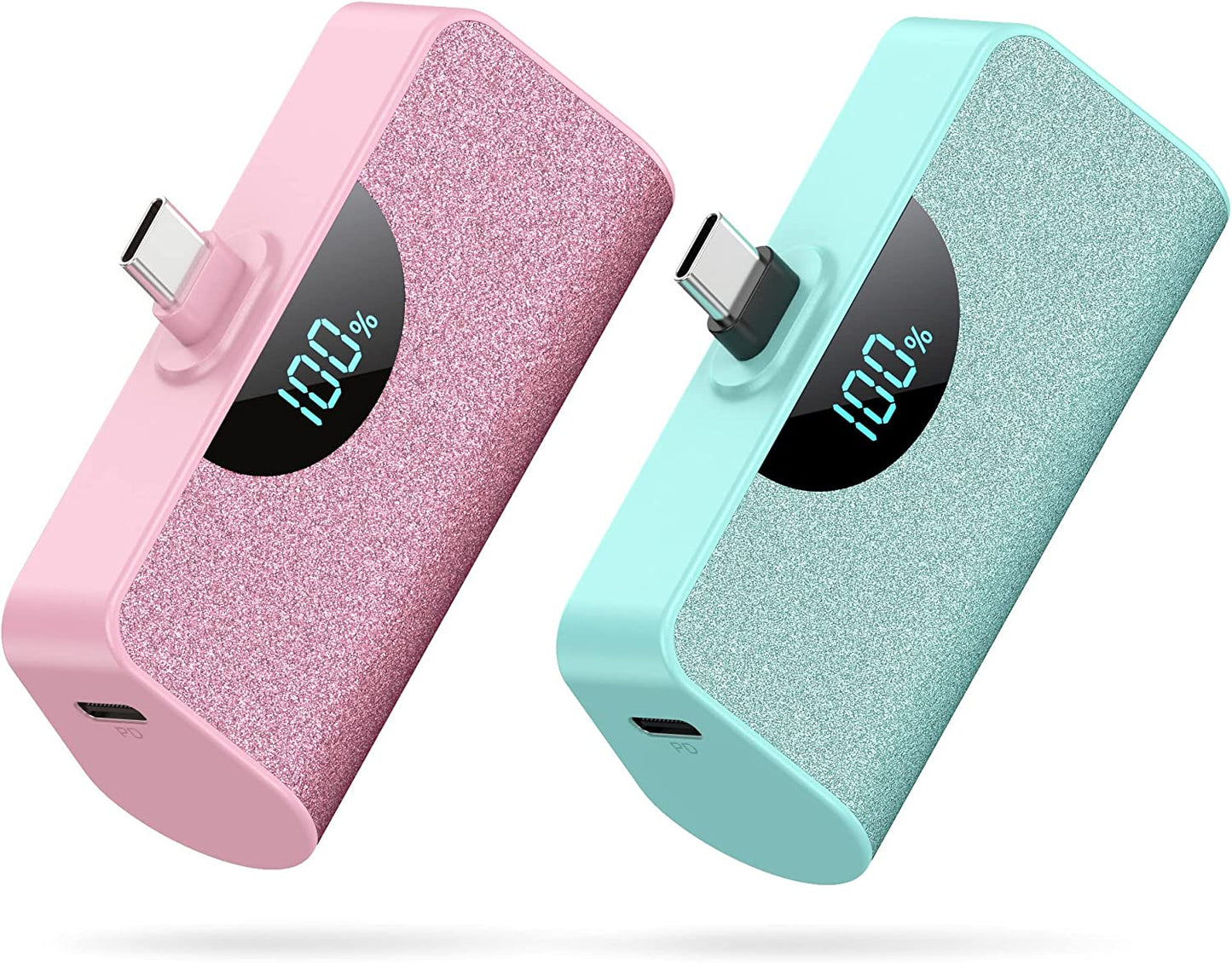 [2 Pack] Mini Portable Charger USB-C Power Bank 5200Mah,Lcd Display 15W PD Fast Charging Battery Pack Backup Charger Compatible with Samsung Galaxy S22/S21/S10/S9,Note 20/10,Moto,Lg,Android Phones Etc  Dongguan Yuanhaoxun Technology Co., Ltd Pink+Green  