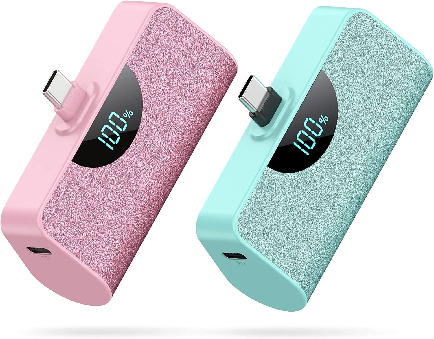 [2 Pack] Mini Portable Charger USB-C Power Bank 5200Mah,Lcd Display 15W PD Fast Charging Battery Pack Backup Charger Compatible with Samsung Galaxy S22/S21/S10/S9,Note 20/10,Moto,Lg,Android Phones Etc  Dongguan Yuanhaoxun Technology Co., Ltd Pink+Green  