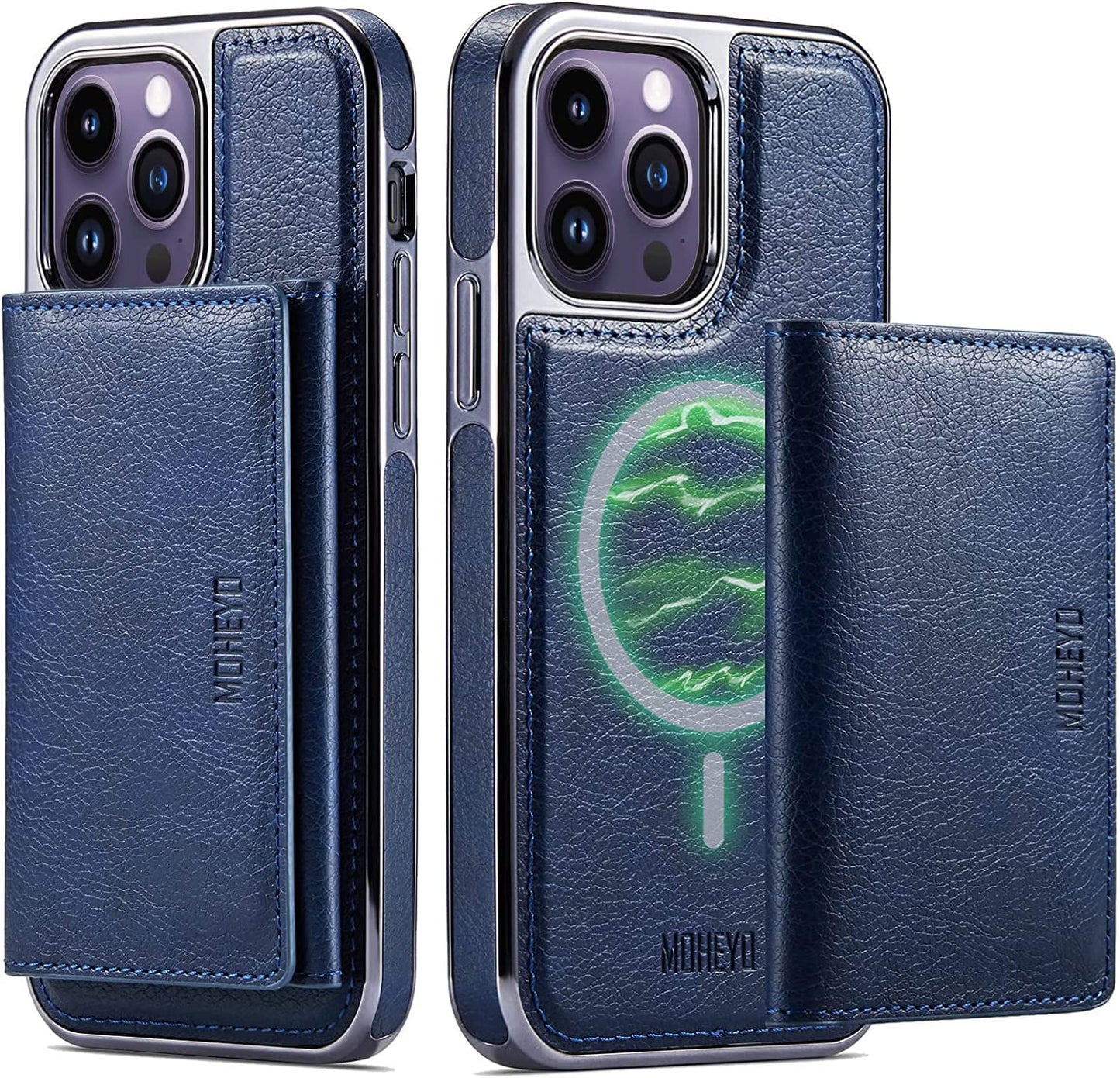 MOHEYO Designed for Iphone 14 Pro Max Case Compatible with Magsafe Removable Wallet Card Holder Magnetic Slim Thin Vegan Leather Cover (Blue)  MOHEYO   