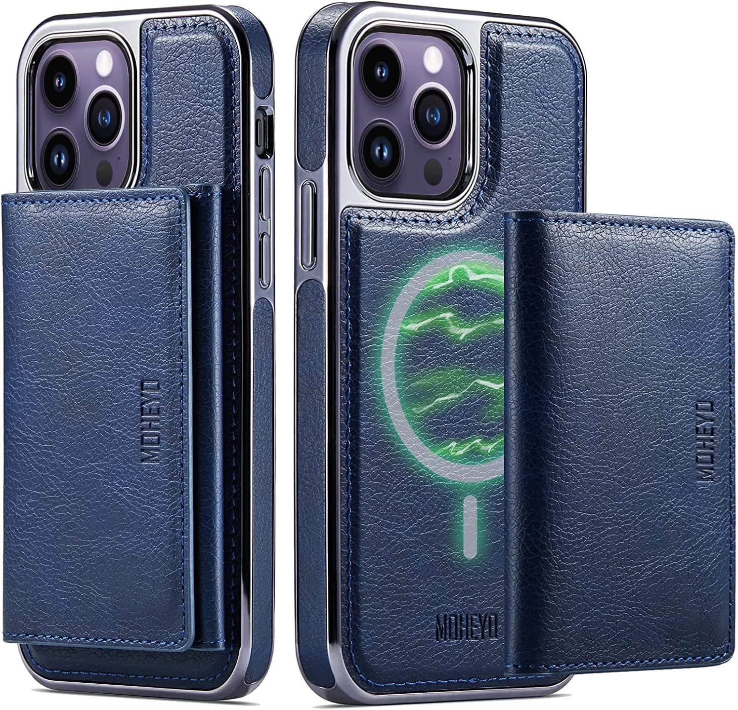MOHEYO Designed for Iphone 14 Pro Max Case Compatible with Magsafe Removable Wallet Card Holder Magnetic Slim Thin Vegan Leather Cover (Blue)  MOHEYO   