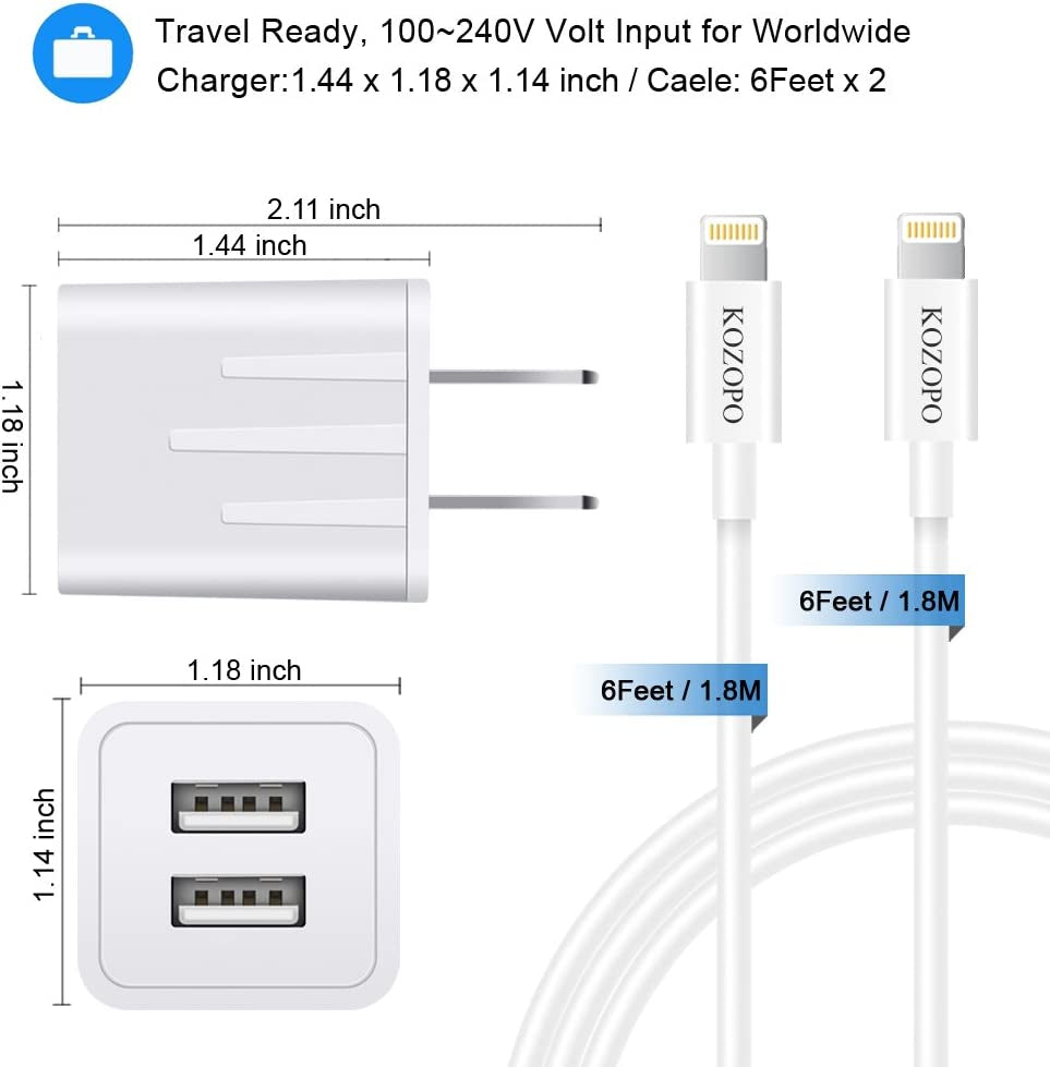 Iphone Charger, KOZOPO Fast Charging 6FT(2 Pack) Lightning Cable Data Sync Transfer Cord with 2 Port USB Plug Wall Charger Adapter Compatible with Iphone 13 12 11 Pro Max XS XR X 8 7 plus SE Mini Ipad  Shenzhen good-she technology Co., Ltd.   