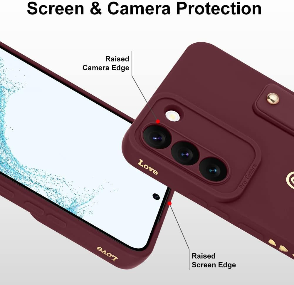 Fiyart Galaxy S22 5G Case - Cute Love Hearts, Slim Protective Cover, Camera Protection, Stand Holder & Wrist Strap, 6.1" - Wine Red  Fiyart   