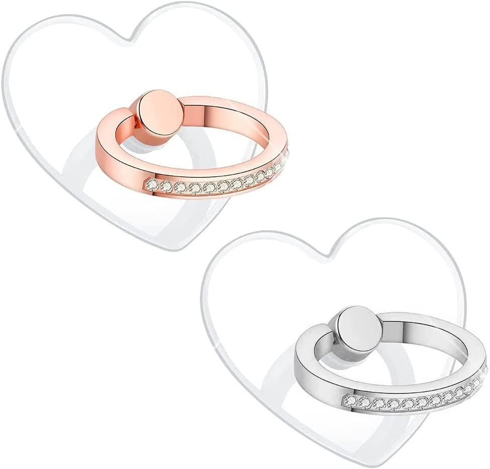 WOGROO Cell Phone Ring Holder Stand Compatible All Mobile Phones or Phone Cases, Transparent Phone Ring Holder Finger Kickstand 360°Degree Rotation Clear Phone Ring Grip, 2 Silver  WOGROO love (Silver+Rose Gold)  