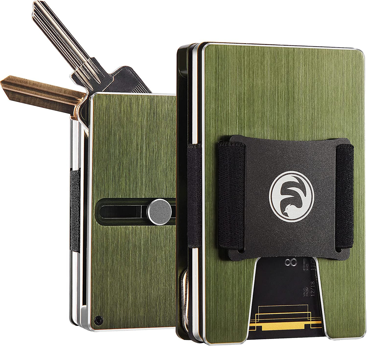 Men Minimalist Metal Wallet with ID Window Money Clip | Slim Front Pocket RFID Blocking Aluminum EDC Tactical Wallets with Cash Strap | Personalized Mini Multifunction Card Holder for Travel Business  FeiYen Key Holder-brushed Army Green  