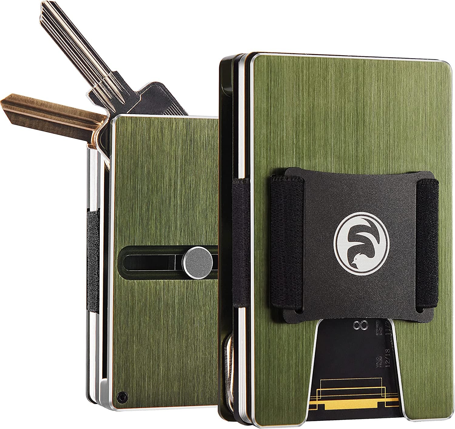 Men Minimalist Metal Wallet with ID Window Money Clip | Slim Front Pocket RFID Blocking Aluminum EDC Tactical Wallets with Cash Strap | Personalized Mini Multifunction Card Holder for Travel Business  FeiYen Key Holder-brushed Army Green  