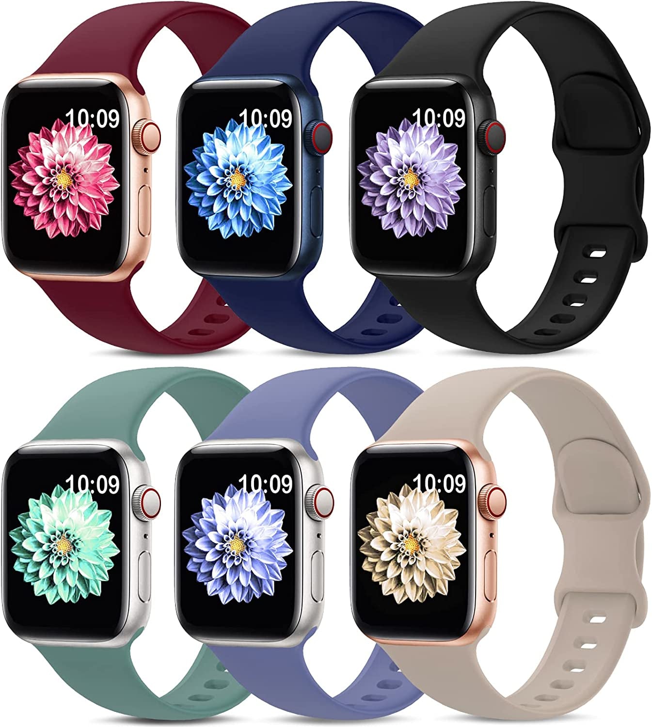6 Pack Sport Bands Compatible with Apple Watch Band 38Mm 40Mm 41Mm 42Mm 44Mm 45Mm 49Mm,Soft Silicone Waterproof Strap Compatible with Iwatch Apple Watch Series Ultra 8 7 6 5 4 3 2 1 SE Women Men  AMSKY Black/Navy Blue/Burgundy/Cactus/Lavender Gray/Stone 42/44/45/49 mm 