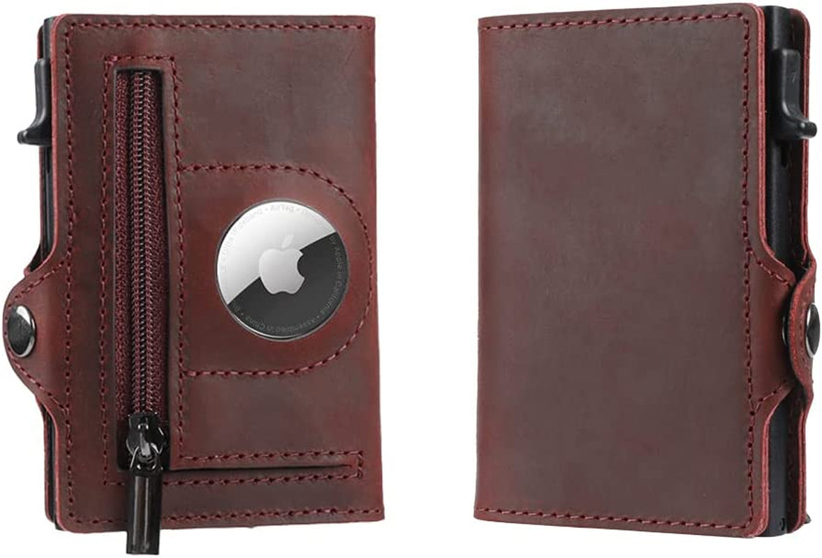 Airtag Wallet Genuine Premium Leather Credit Card Money Holder Airtag Cover Air Tag Case Automatic Pop up Wallet Aluminum Slim Pocket Bifold (Carbon Fiber)  Generic Red  